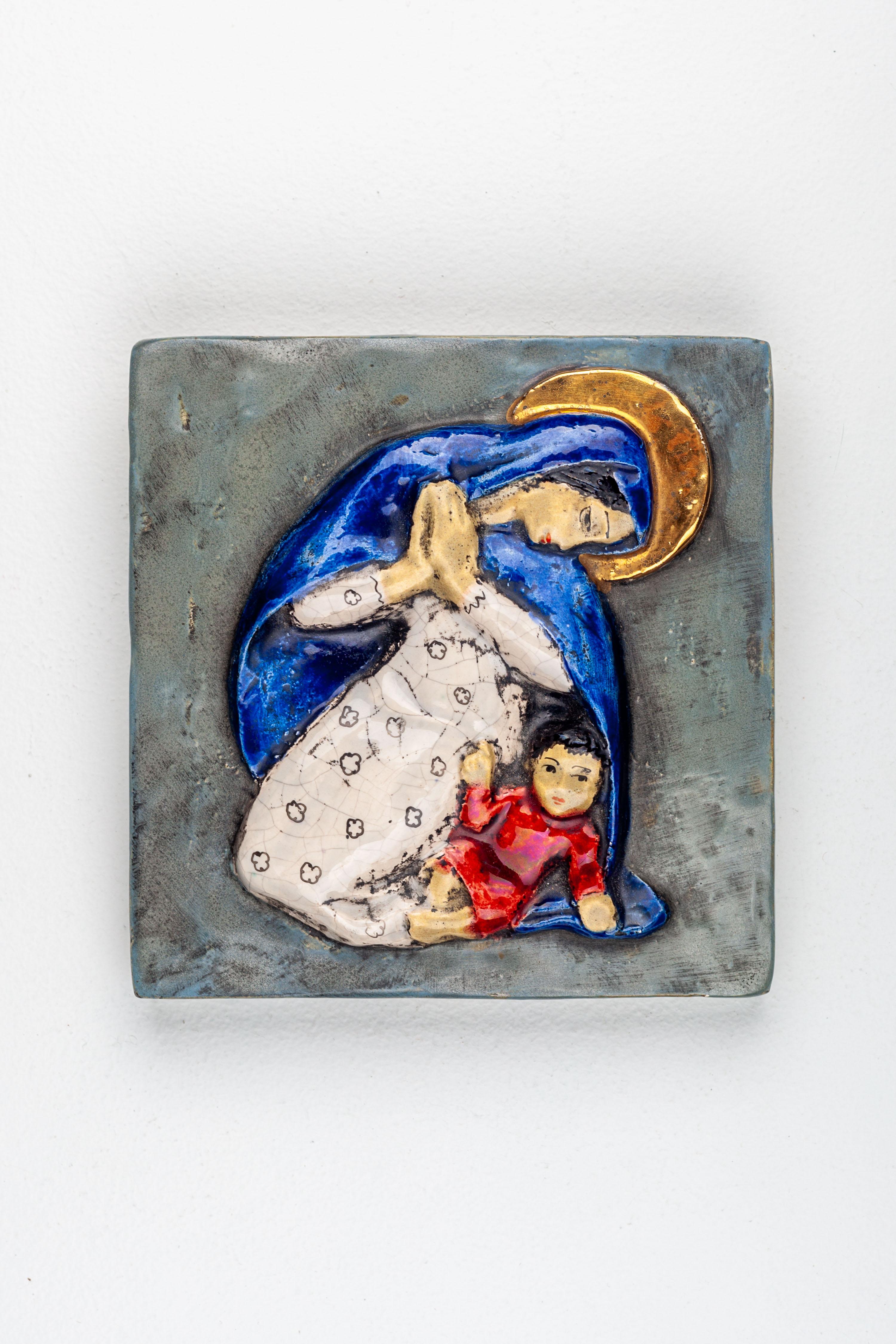 European Modernist Virgin Mary and Child Jesus Wall Ceramic Decoration Handmade in Europe For Sale