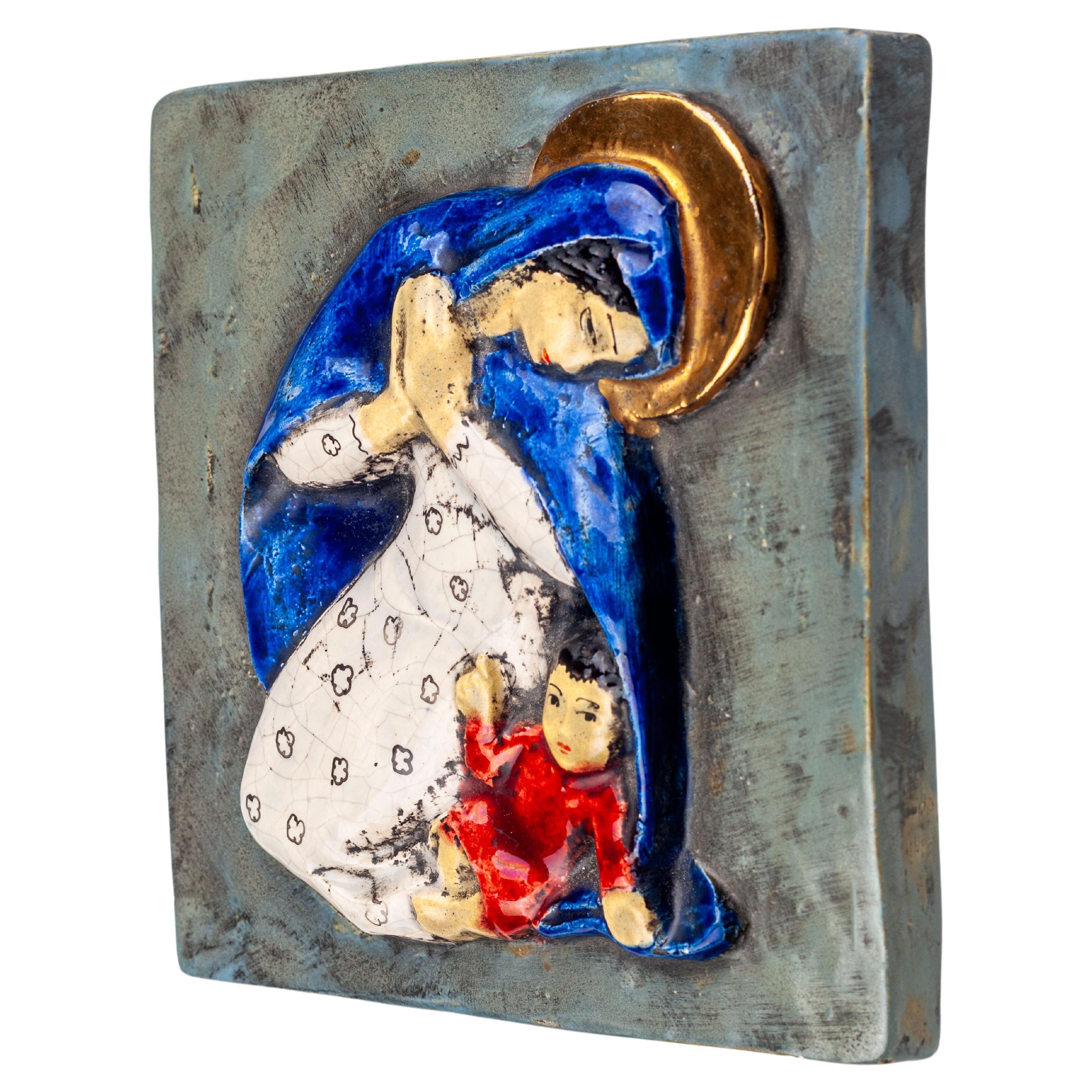 Modernist Virgin Mary and Child Jesus Wall Ceramic Decoration Handmade in Europe For Sale