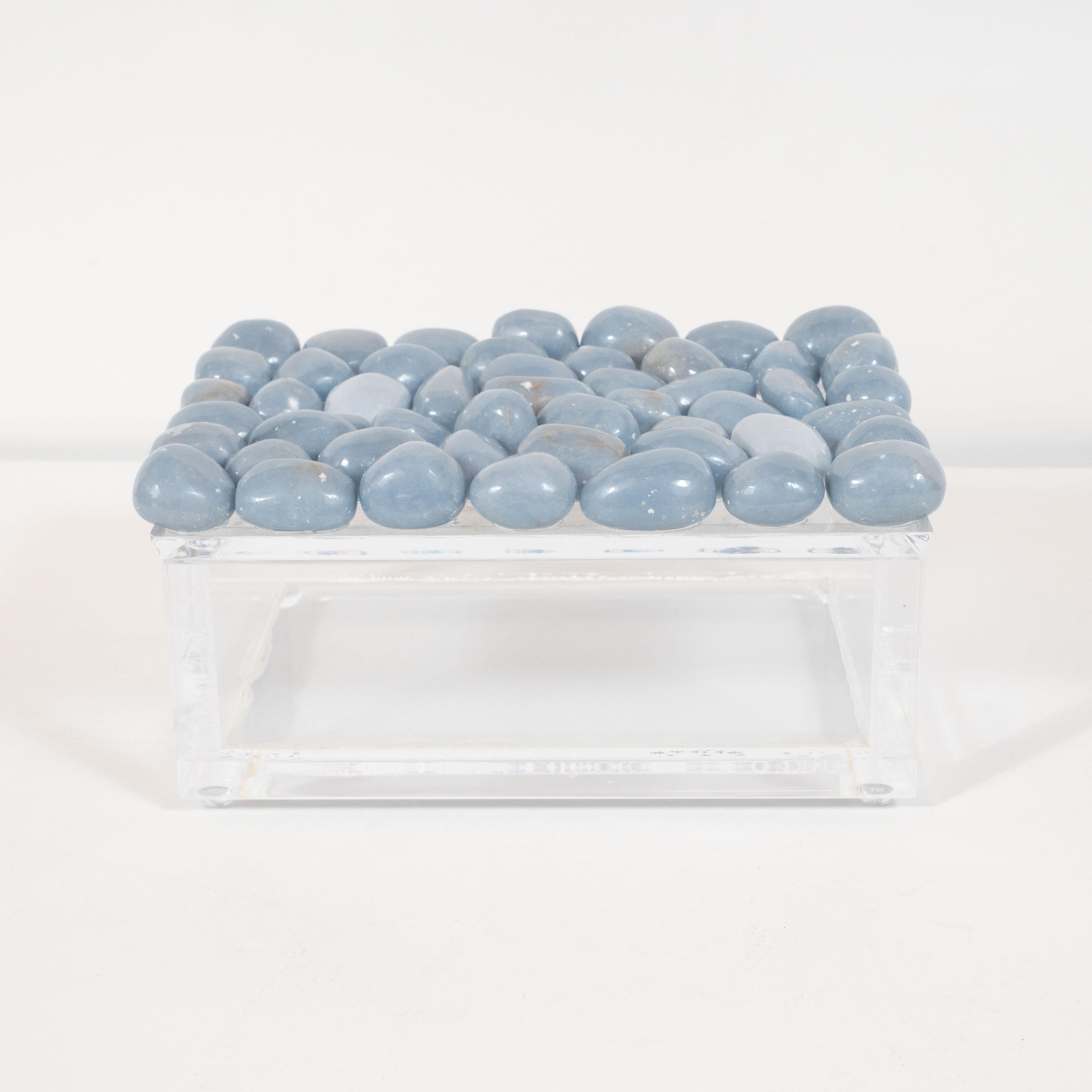 American Modernist Volumetric Rectangular Lucite Box with Muted Blue Stone Detailing