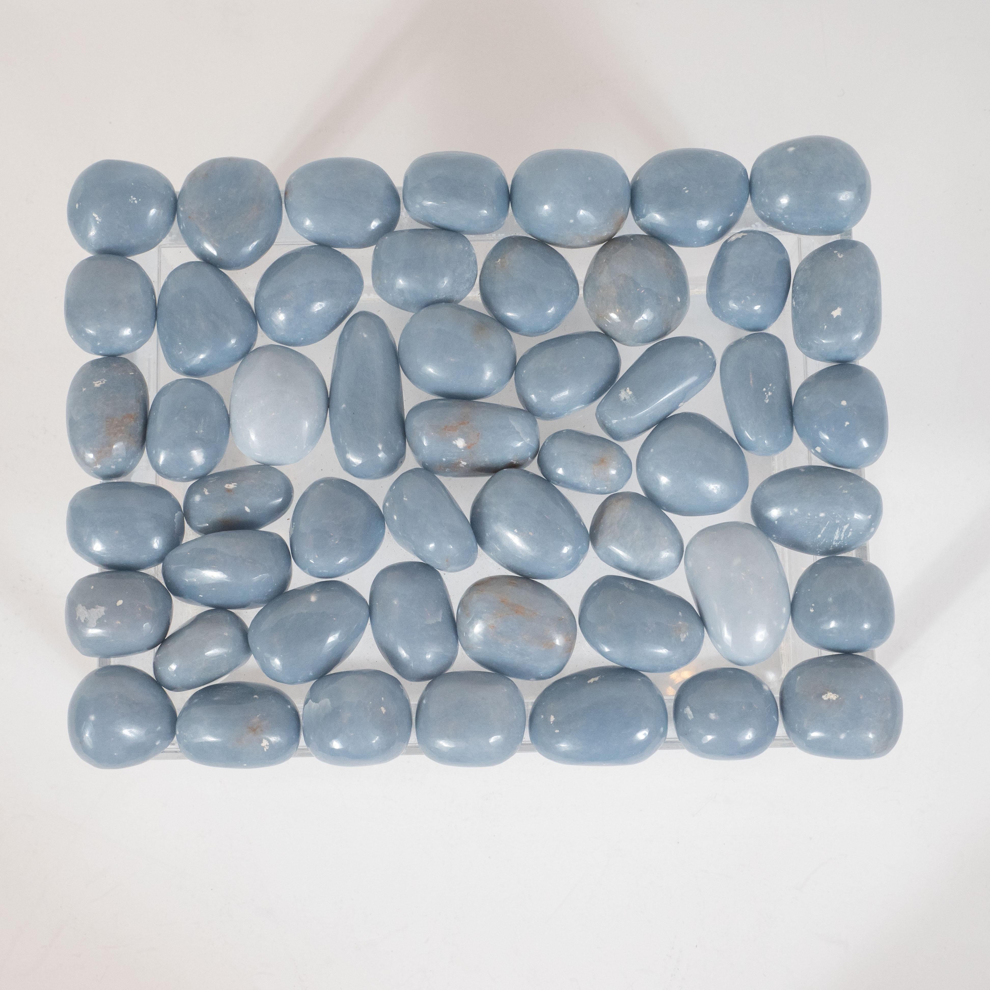 Modernist Volumetric Rectangular Lucite Box with Muted Blue Stone Detailing In Excellent Condition In New York, NY