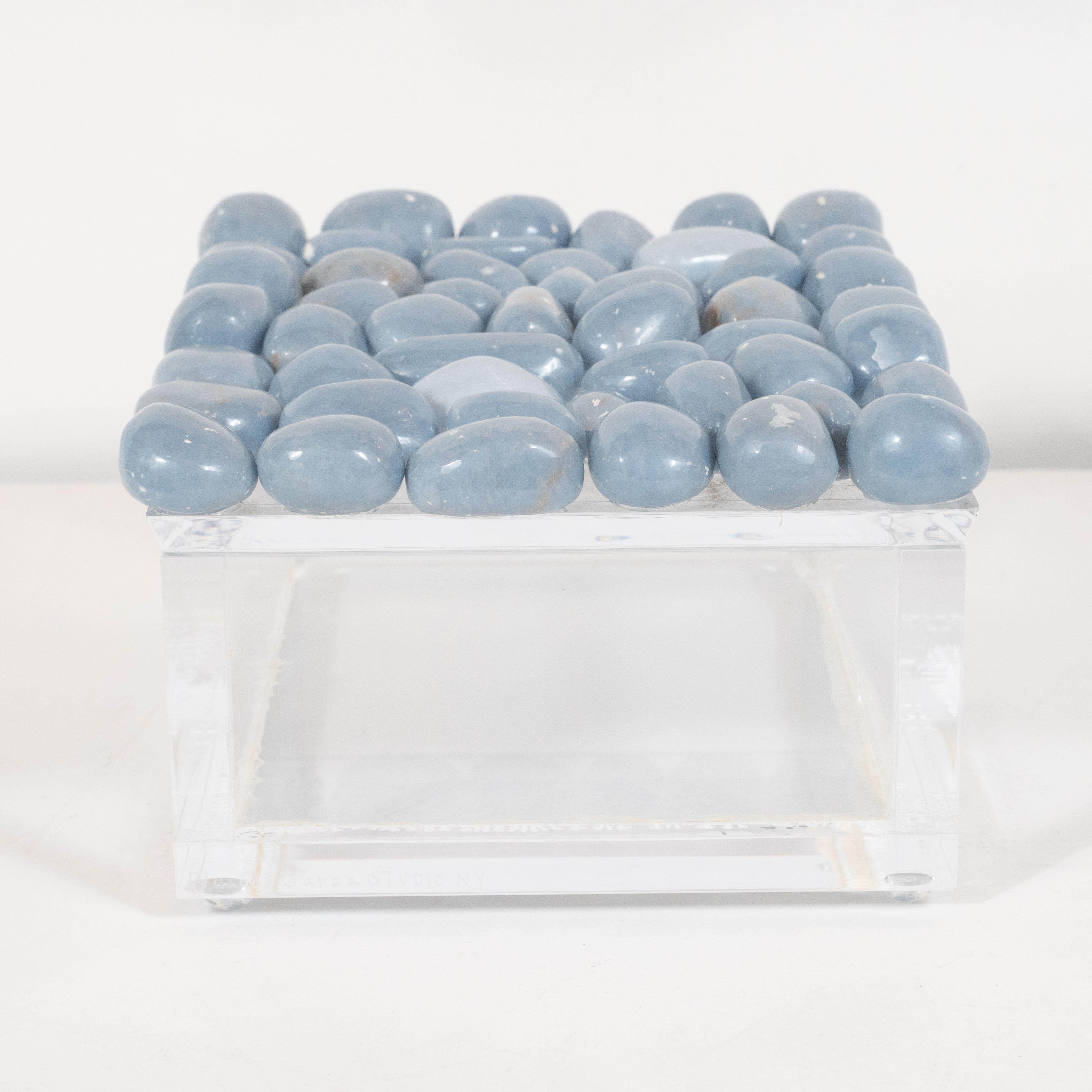 Modernist Volumetric Rectangular Lucite Box with Muted Blue Stone Detailing 3