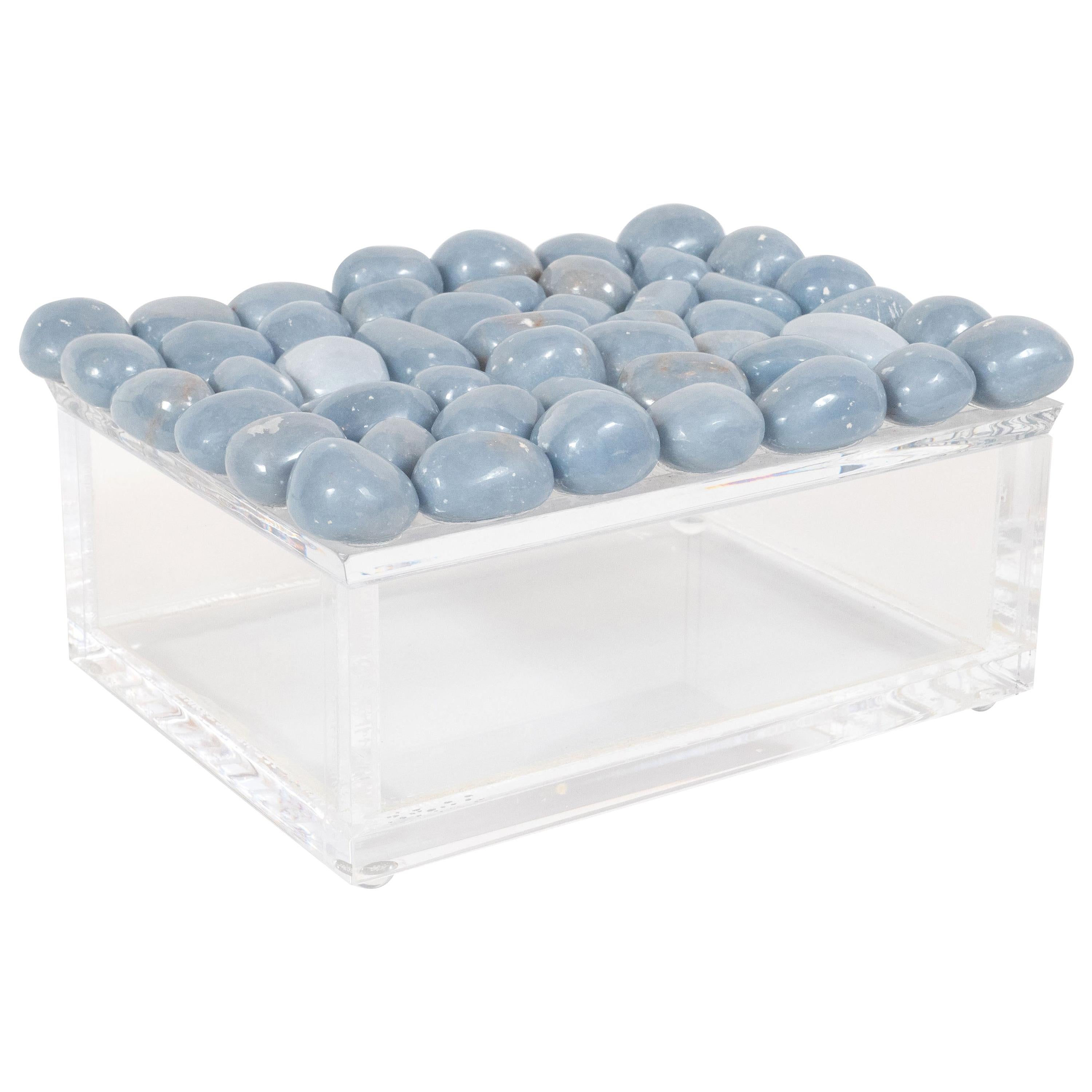 Modernist Volumetric Rectangular Lucite Box with Muted Blue Stone Detailing
