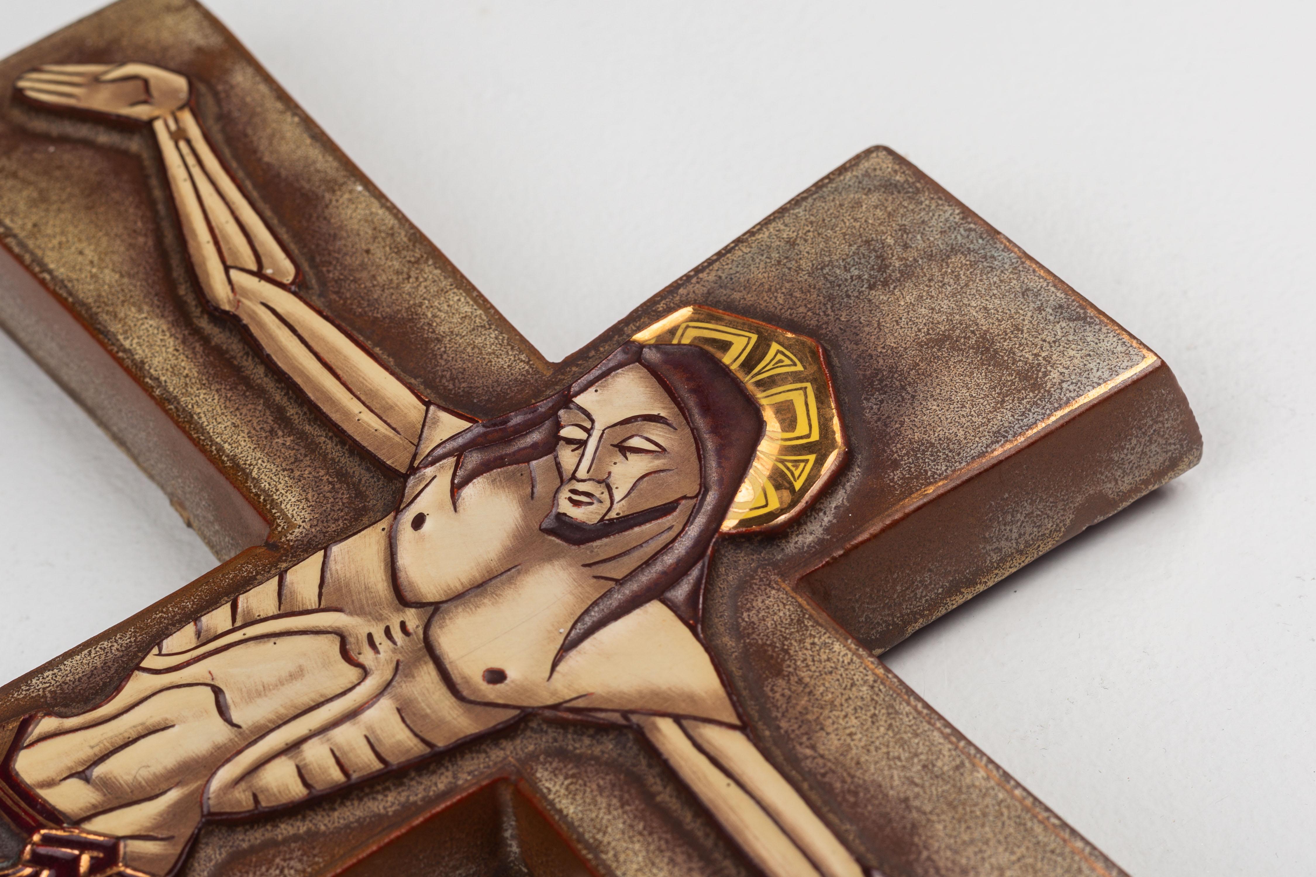 Modernist Wall Cross, Jesus, Gold accents, European Ceramic 5