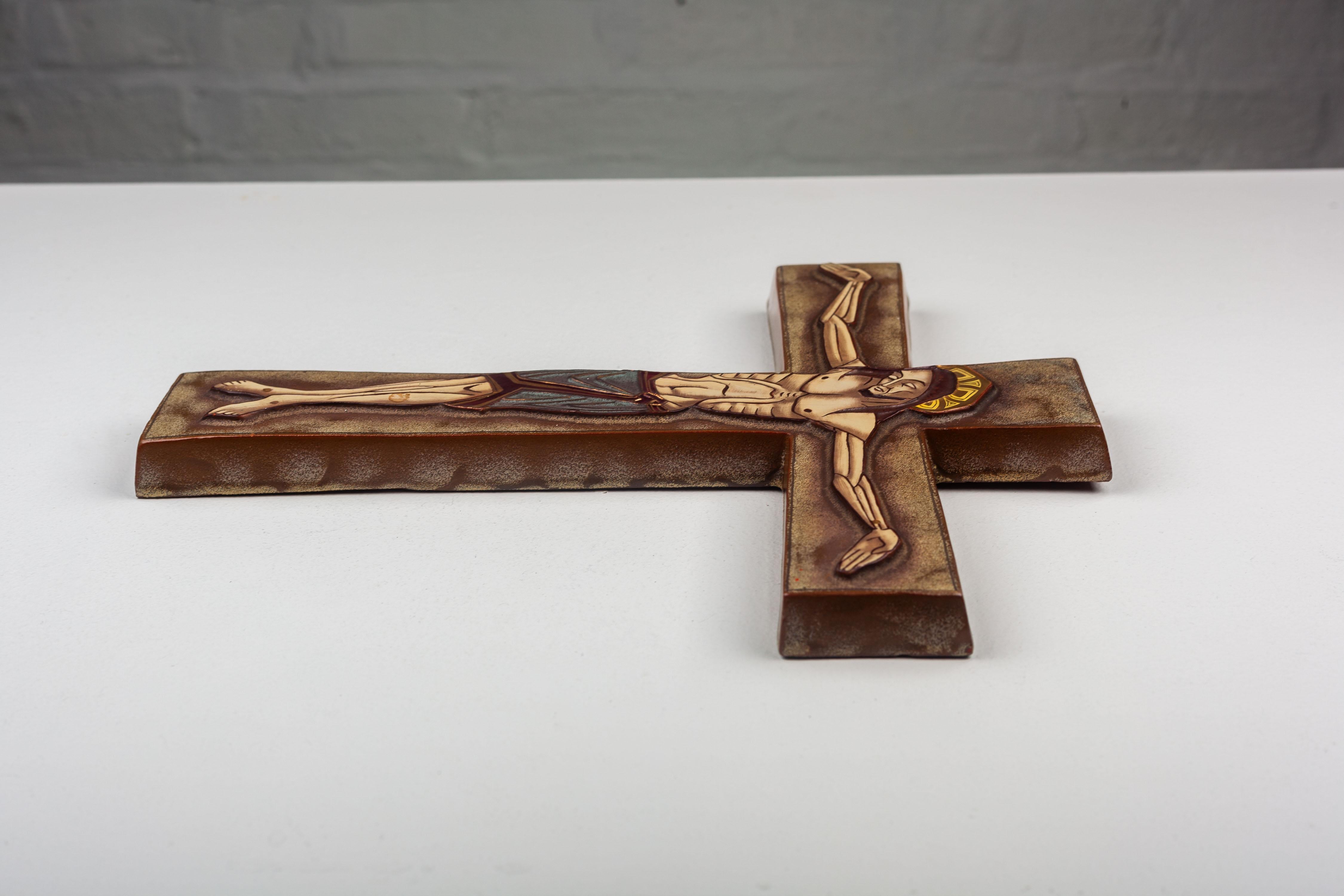 Mid-20th Century Modernist Wall Cross, Jesus, Gold accents, European Ceramic For Sale