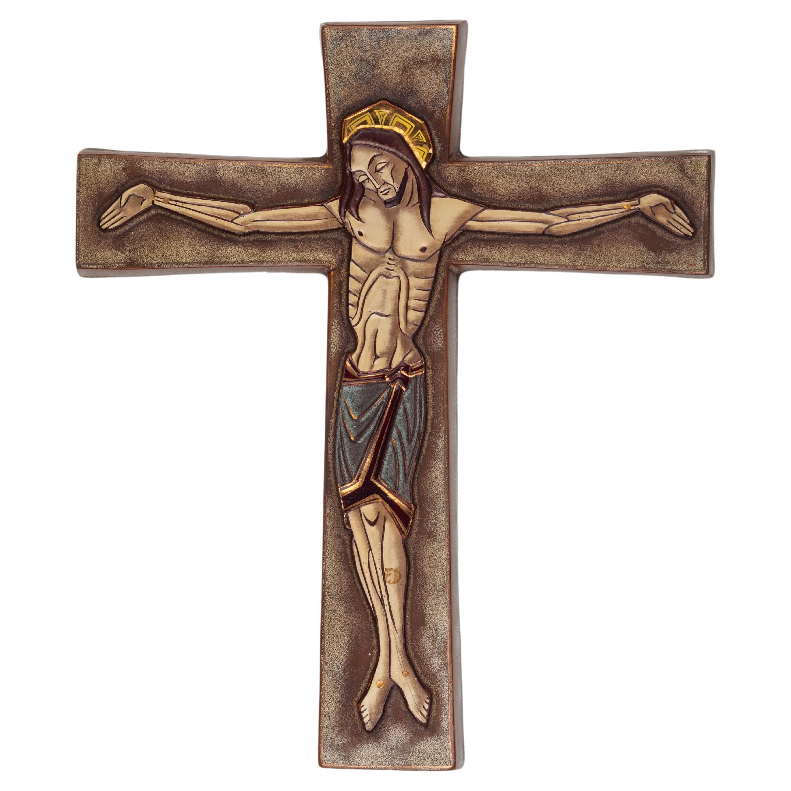 Modernist Wall Cross, Jesus, Gold accents, European Ceramic For Sale