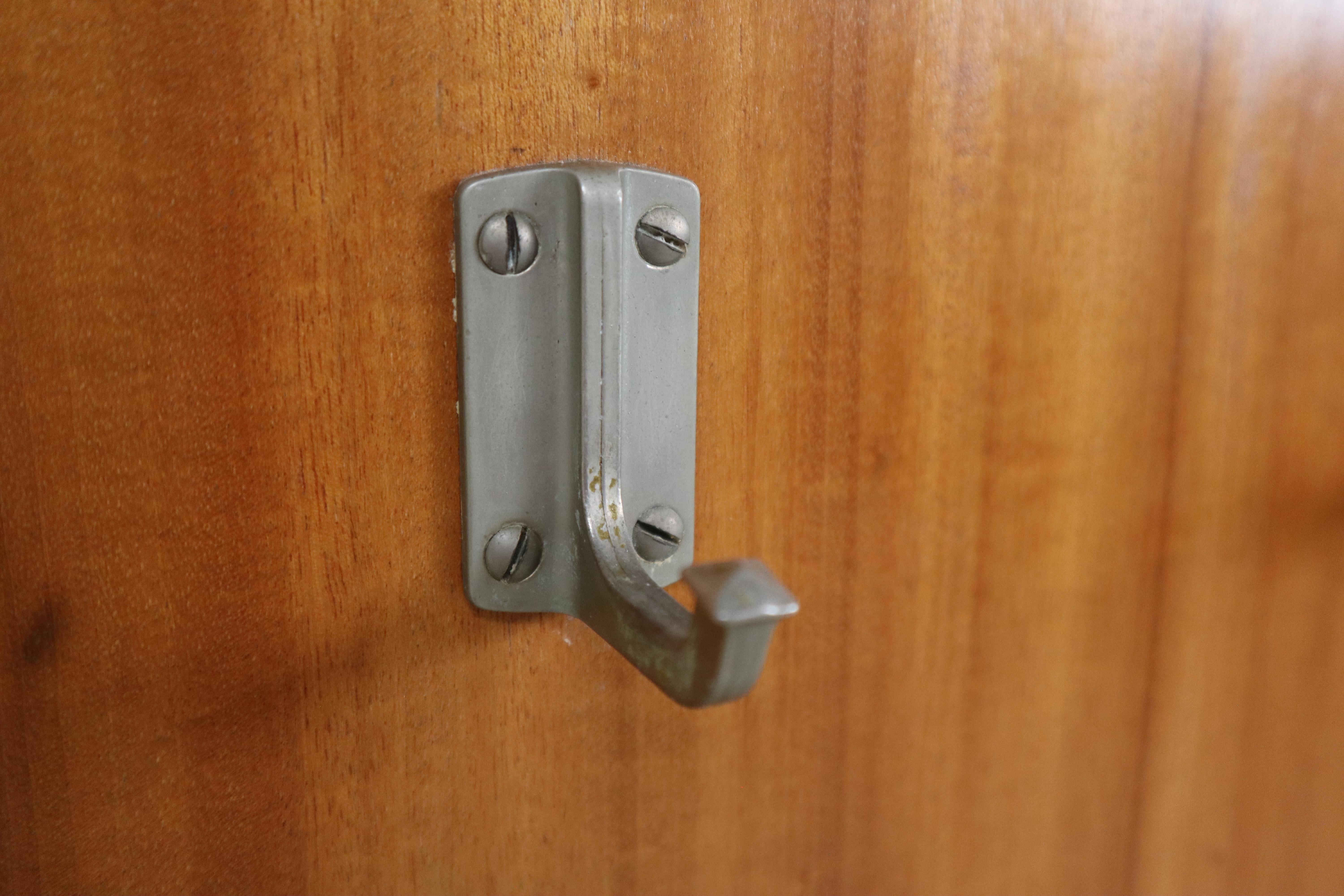 Belgian Modernist wall-mounted cloakroom in Teak, Aluminium & Nickel-plated Brass, 1950s For Sale