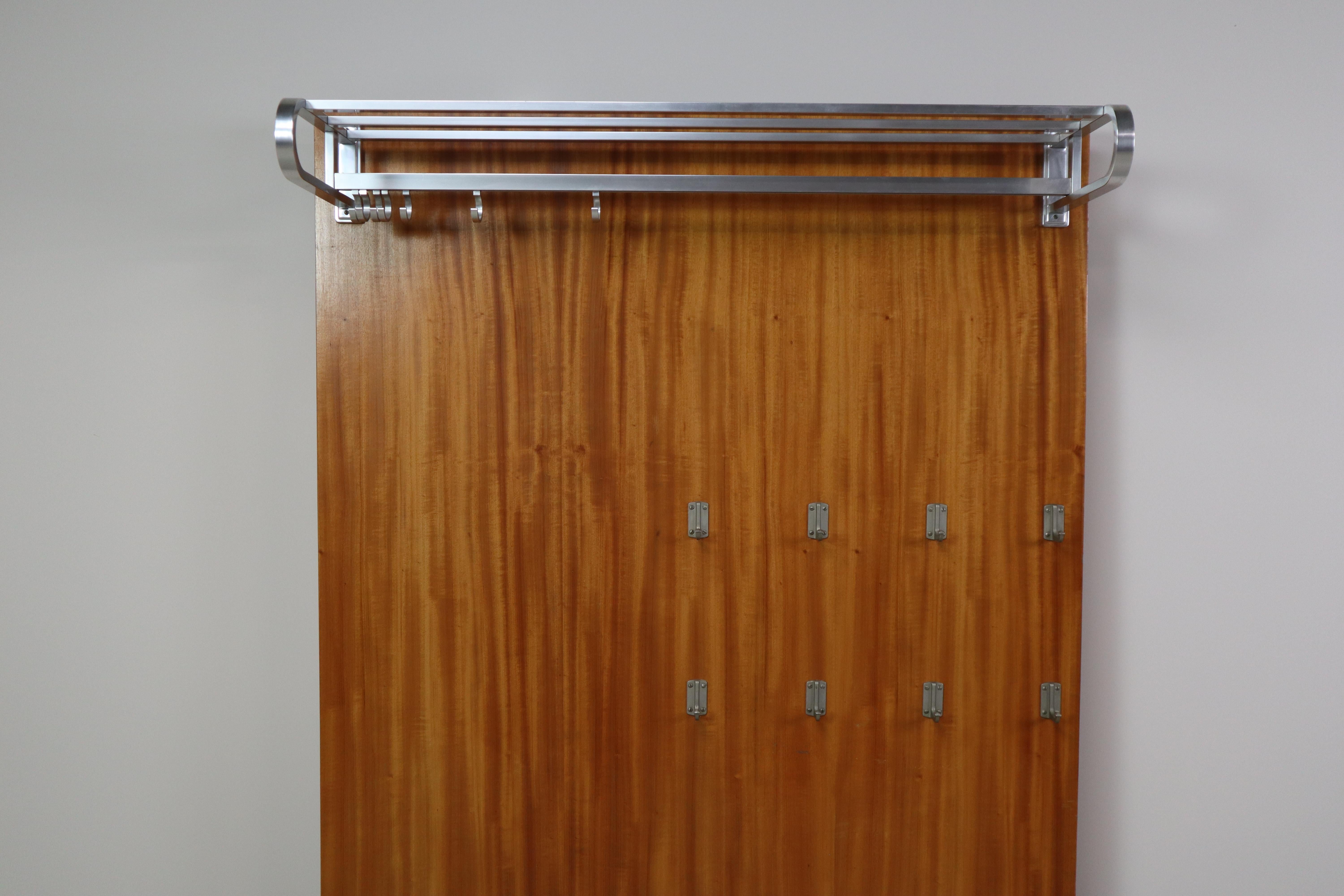 20th Century Modernist wall-mounted cloakroom in Teak, Aluminium & Nickel-plated Brass, 1950s For Sale