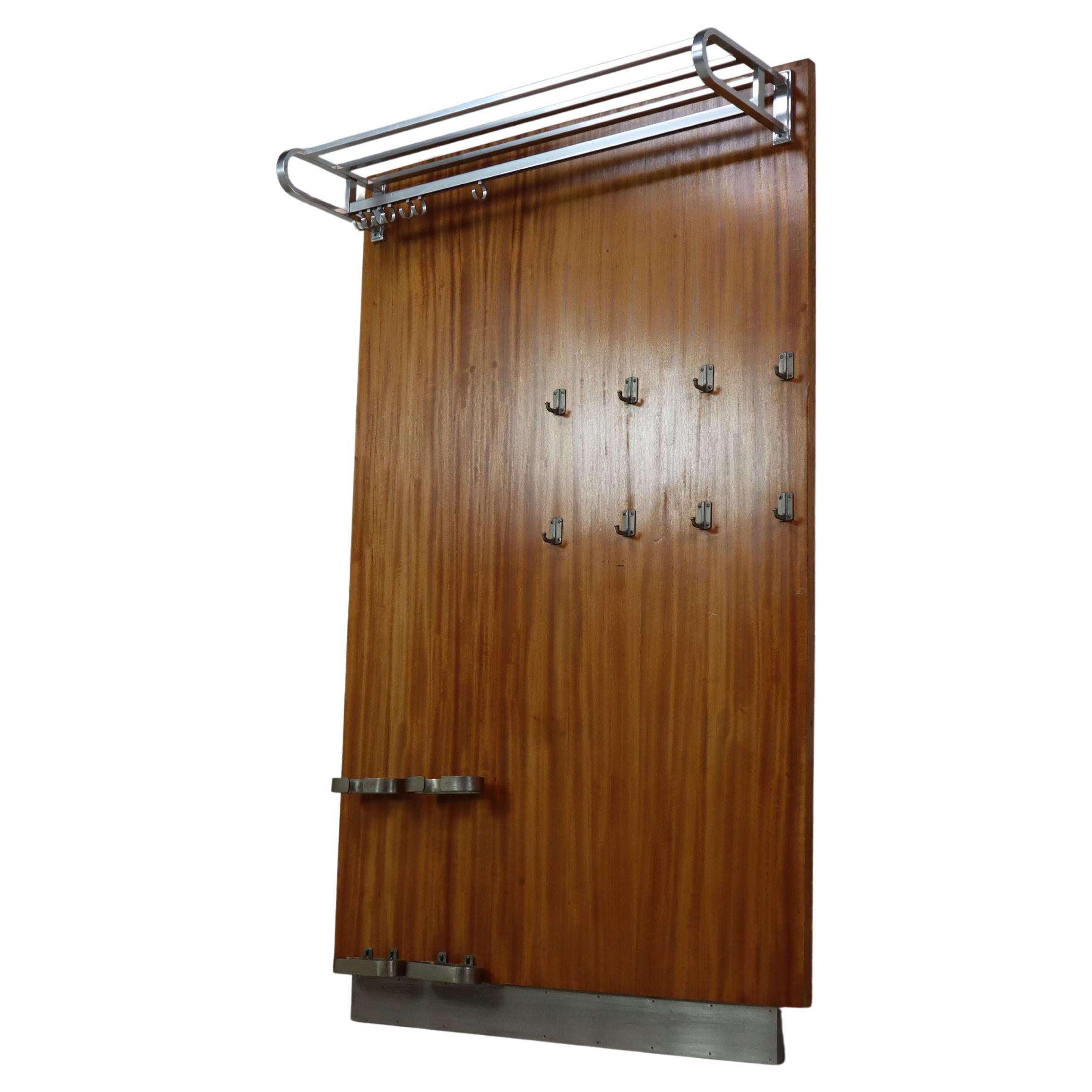 Modernist wall-mounted cloakroom in Teak, Aluminium & Nickel-plated Brass, 1950s For Sale