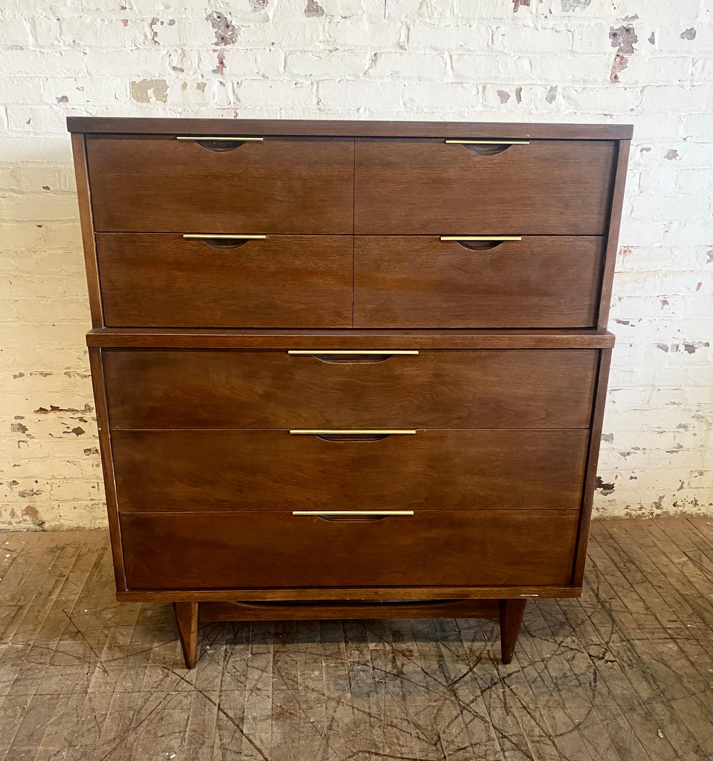 Modernist walnut and brass chest or drawers by Kent Coffey 