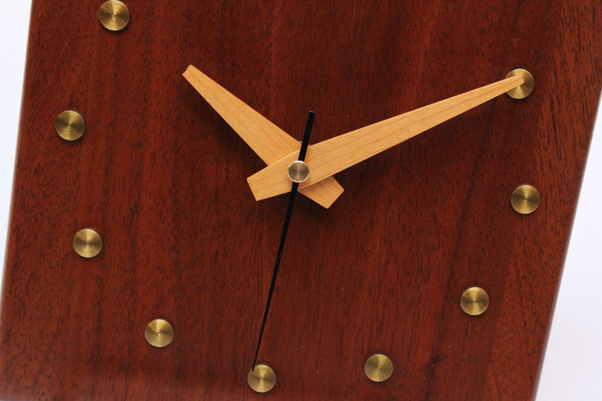 Modernist Walnut and Brass Square Wall Clock For Sale 2