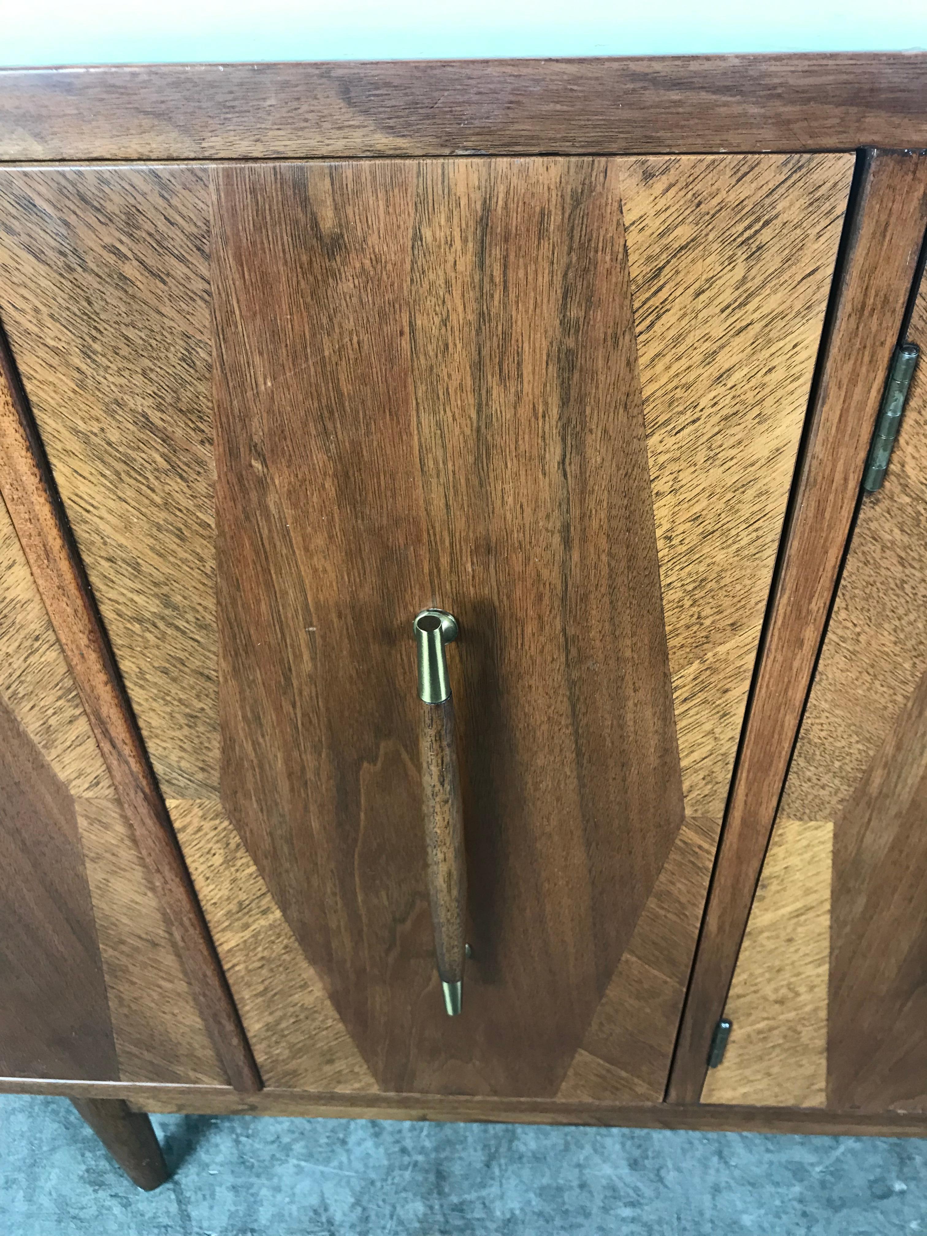 Brass Modernist Walnut Cabinet or Server, Exotic Woods by American of Martinsville