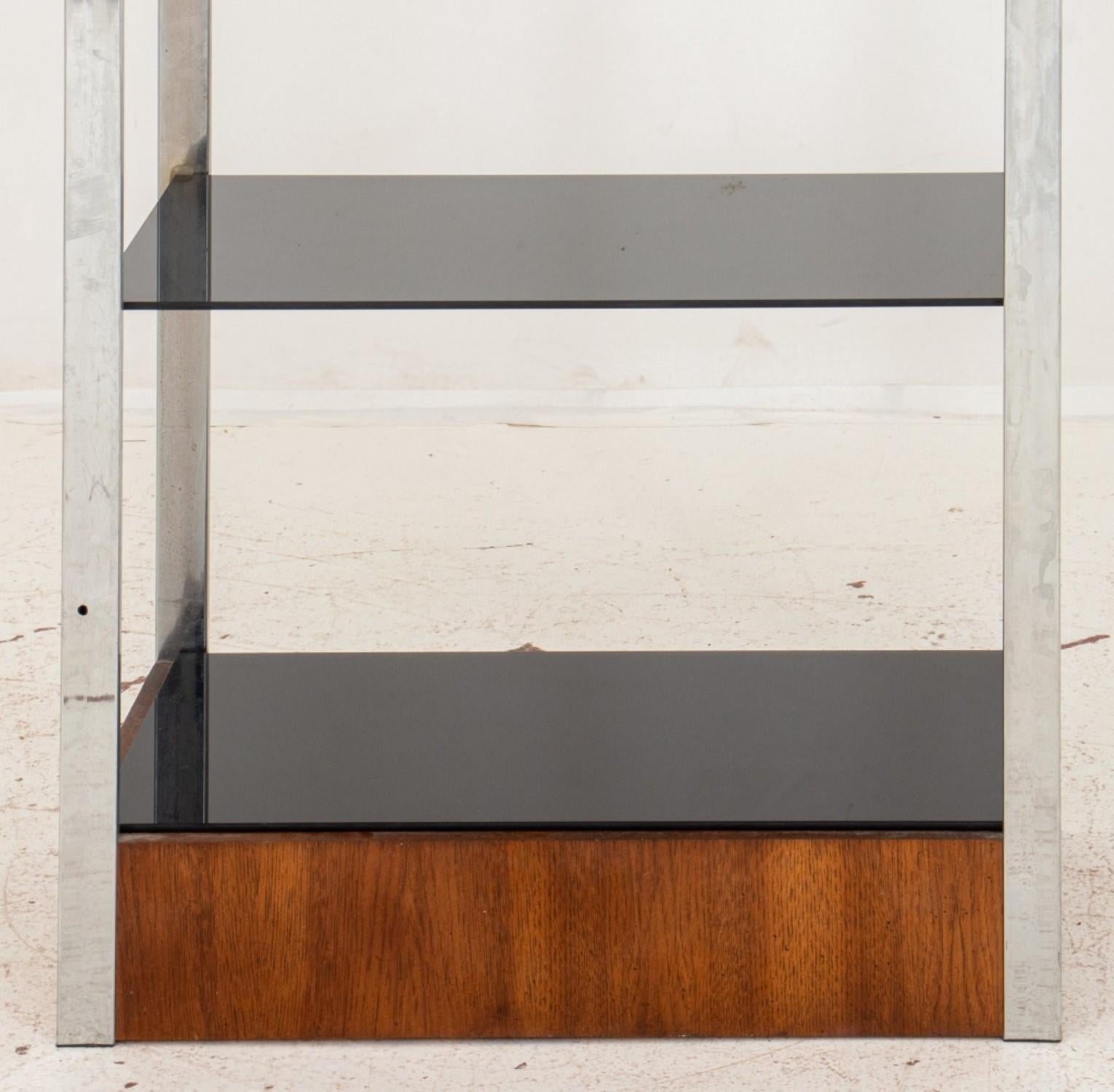 20th Century Modernist Walnut Chrome and Smoke Glass Etagere For Sale