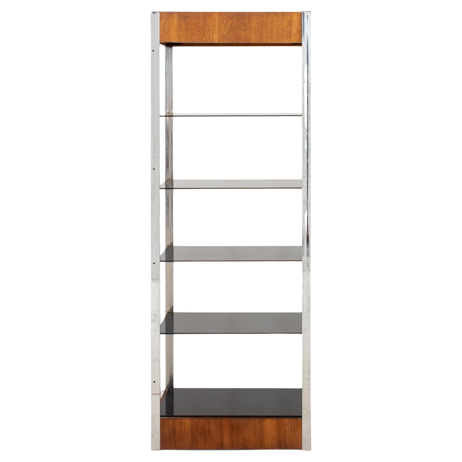 Modernist Walnut Chrome and Smoke Glass Etagere For Sale