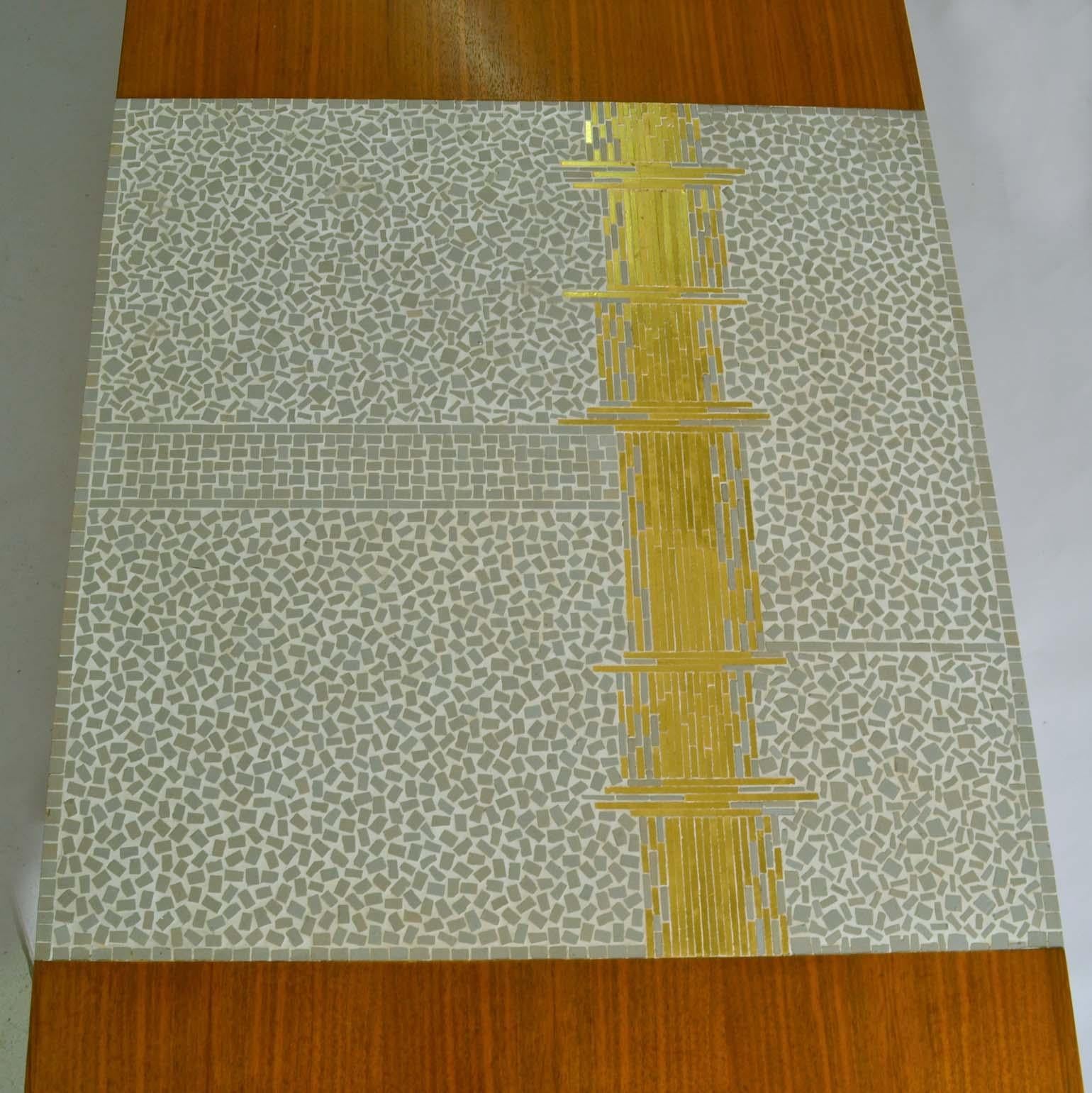 Art Glass Modernist Walnut Coffee Table with White and Gold Mosaic Inlay
