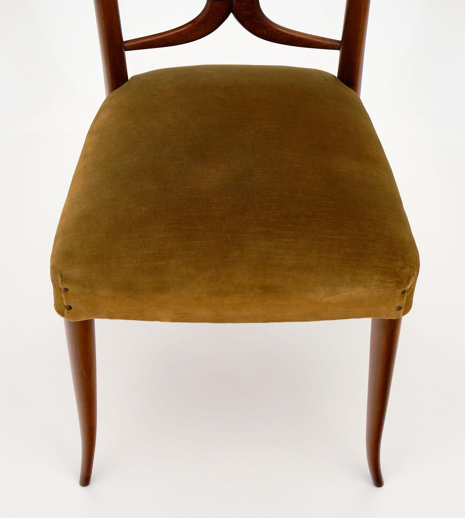Velvet Modernist Walnut Dining Chairs in the Style of Paolo Buffa