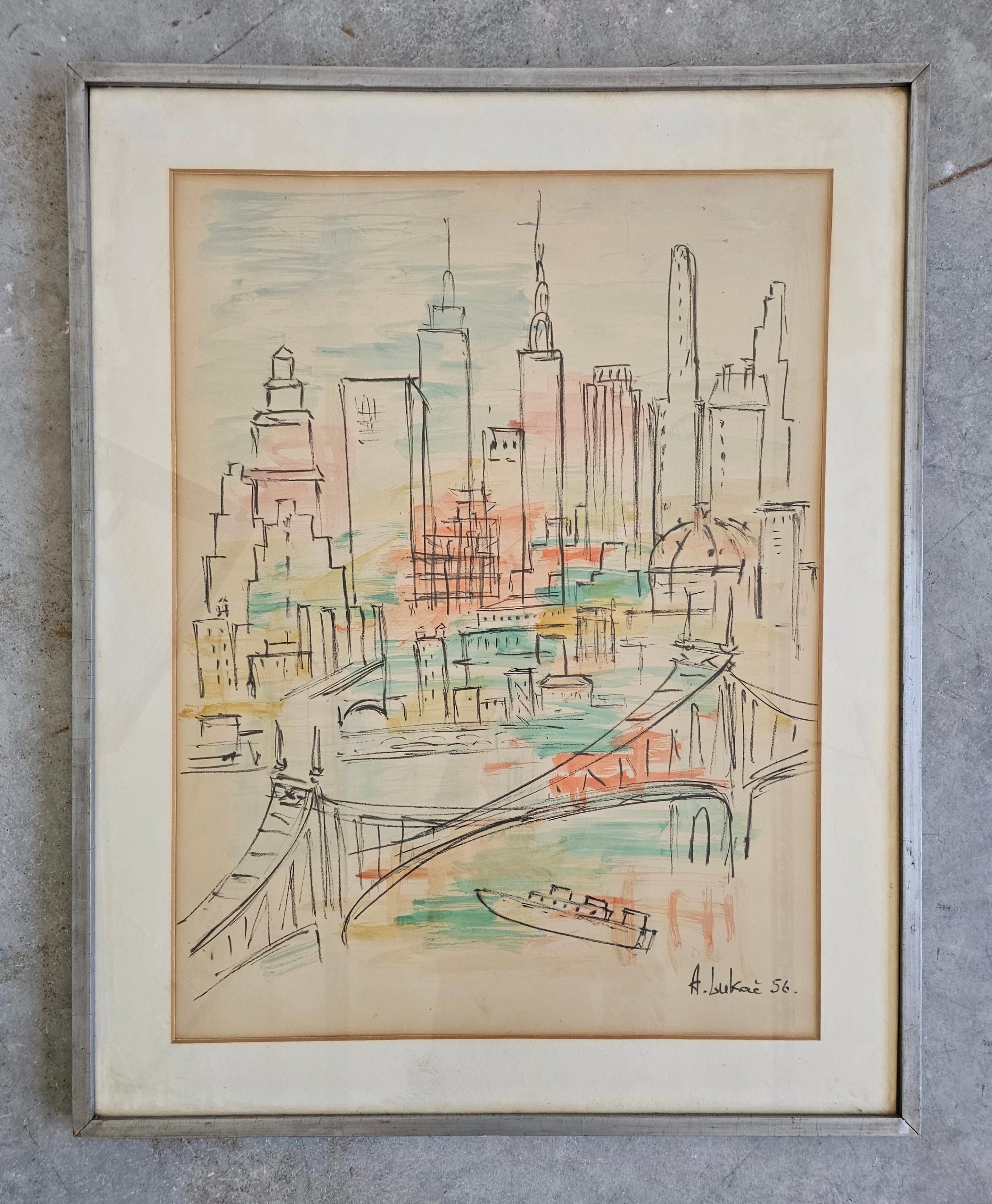 In questa inserzione troverai uno splendido acquerello modernista che raffigura un paesaggio urbano di New York, visto da Brooklyn. Il quadro è stato dipinto dall'artista jugoslavo A. Lukač. Realizzato in Jugoslavia nel 1956.

Condizioni vintage