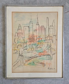 Acquerello modernista raffigurante New York, dipinto da A. Lukac, 1956