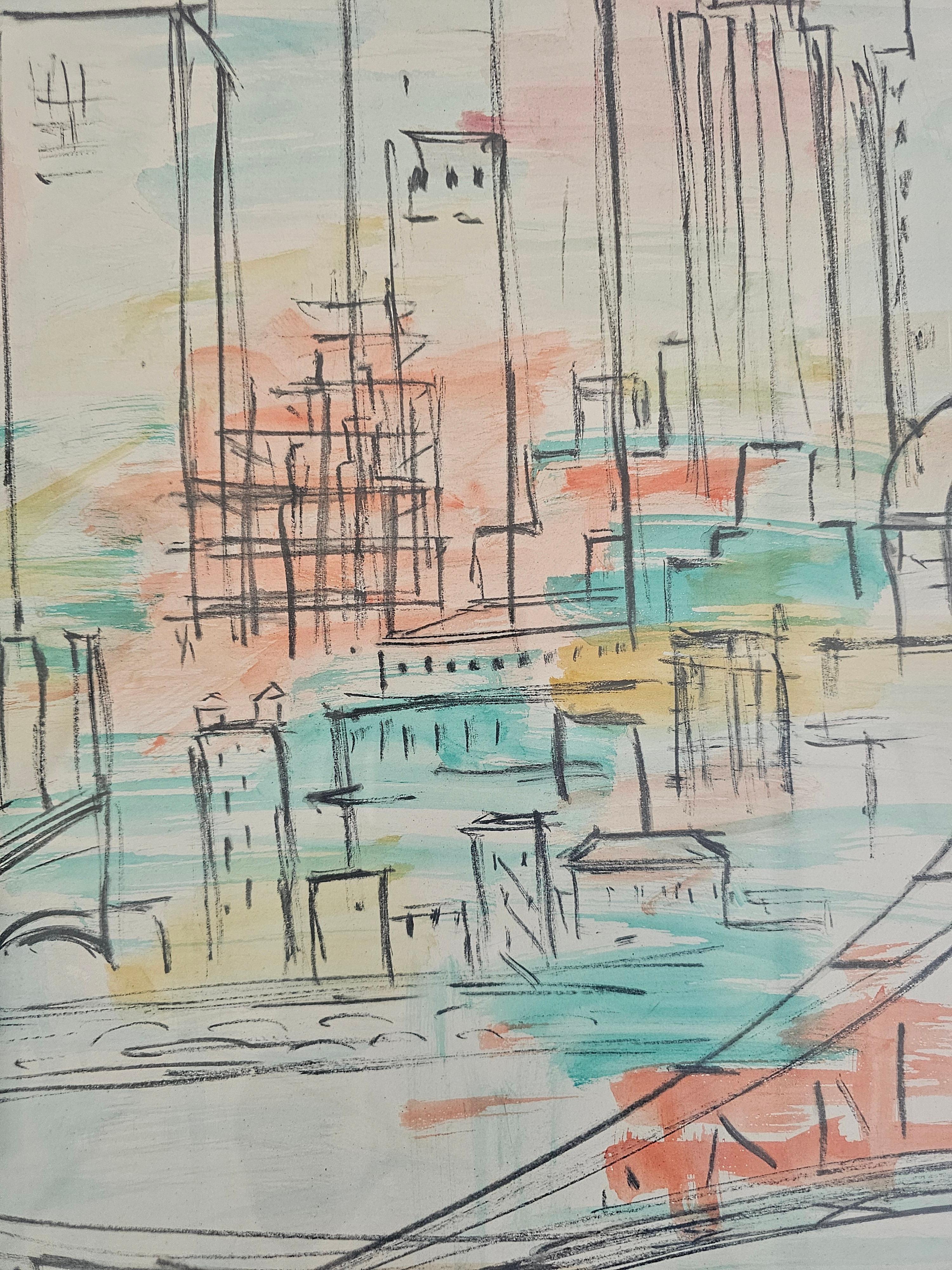 Metà XX secolo Acquerello modernista raffigurante New York, dipinto da A. Lukac, 1956 in vendita