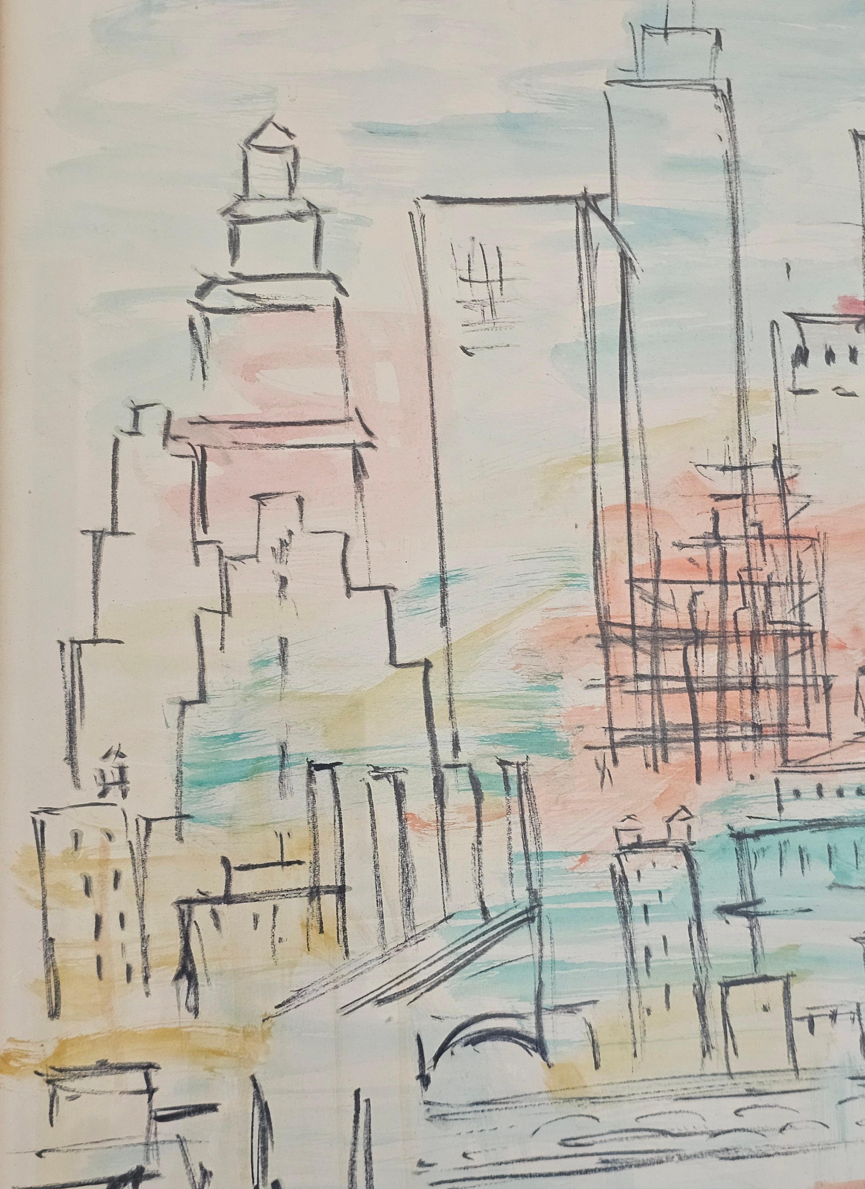 Acquerello modernista raffigurante New York, dipinto da A. Lukac, 1956 in vendita 1