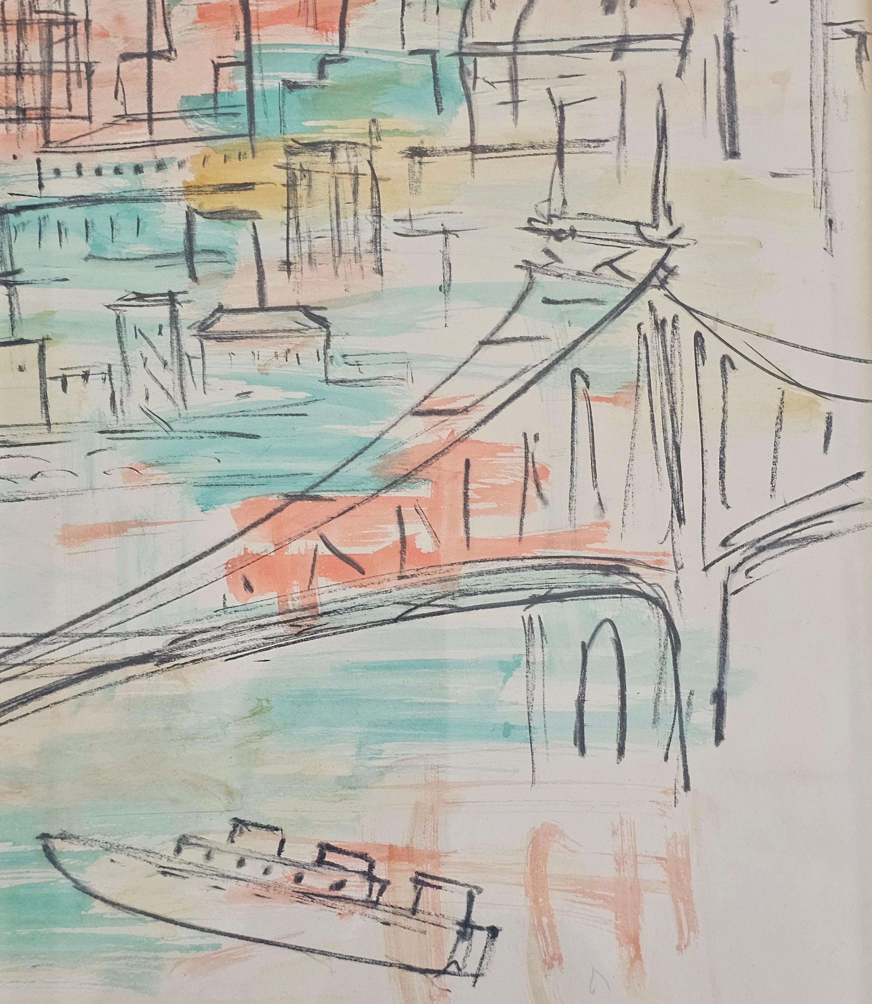 Acquerello modernista raffigurante New York, dipinto da A. Lukac, 1956 in vendita 2
