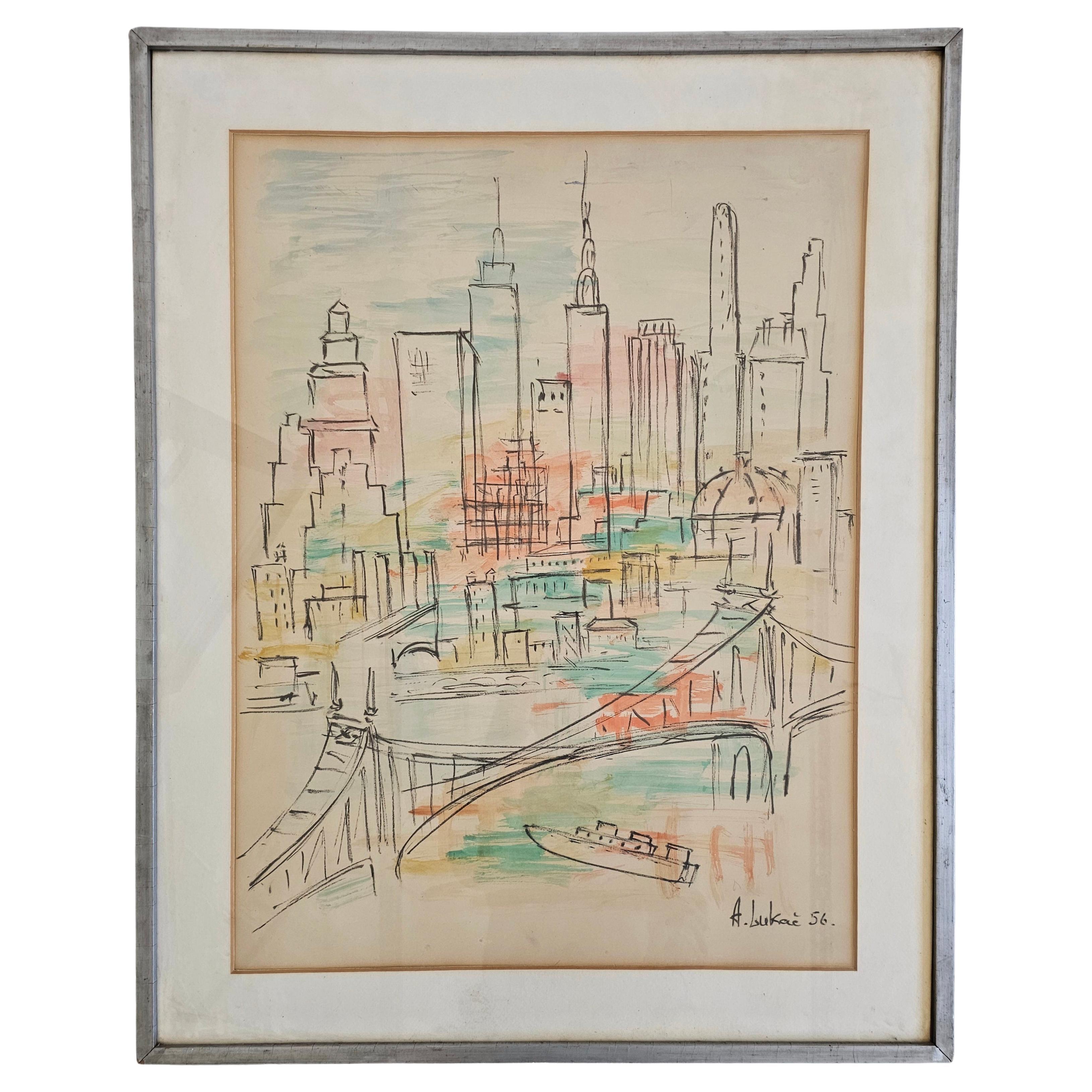 Acquerello modernista raffigurante New York, dipinto da A. Lukac, 1956 in vendita