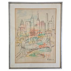 Modernist Watercolor Painting depicting New York, painted by A. Lukac, 1956