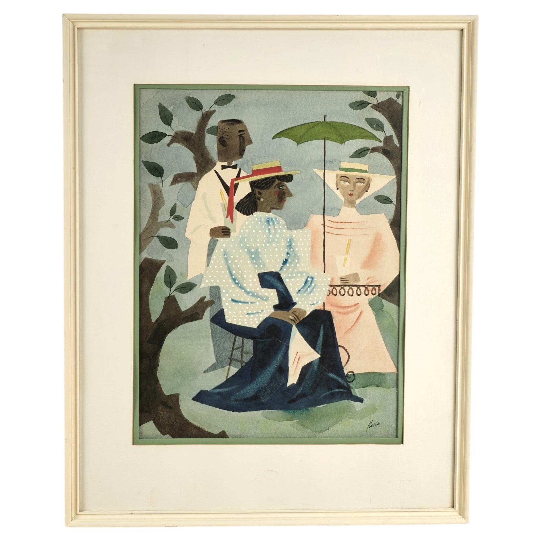 Modernist Watercolor Painting of Three figures in a Garden For Sale