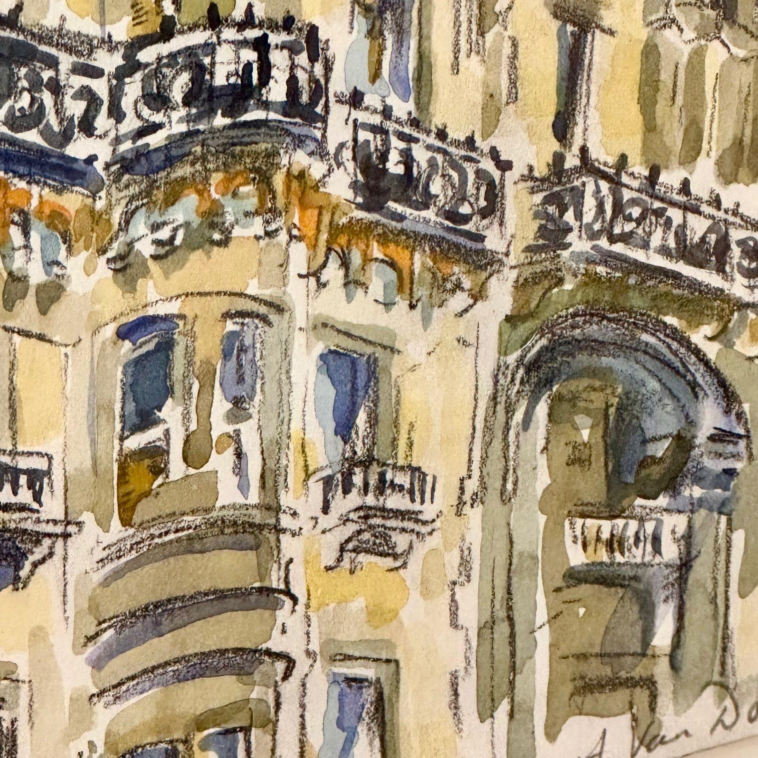 Acquerello modernista firmato da Adam Van Doren, Architettura, Città, incorniciato in vendita 7