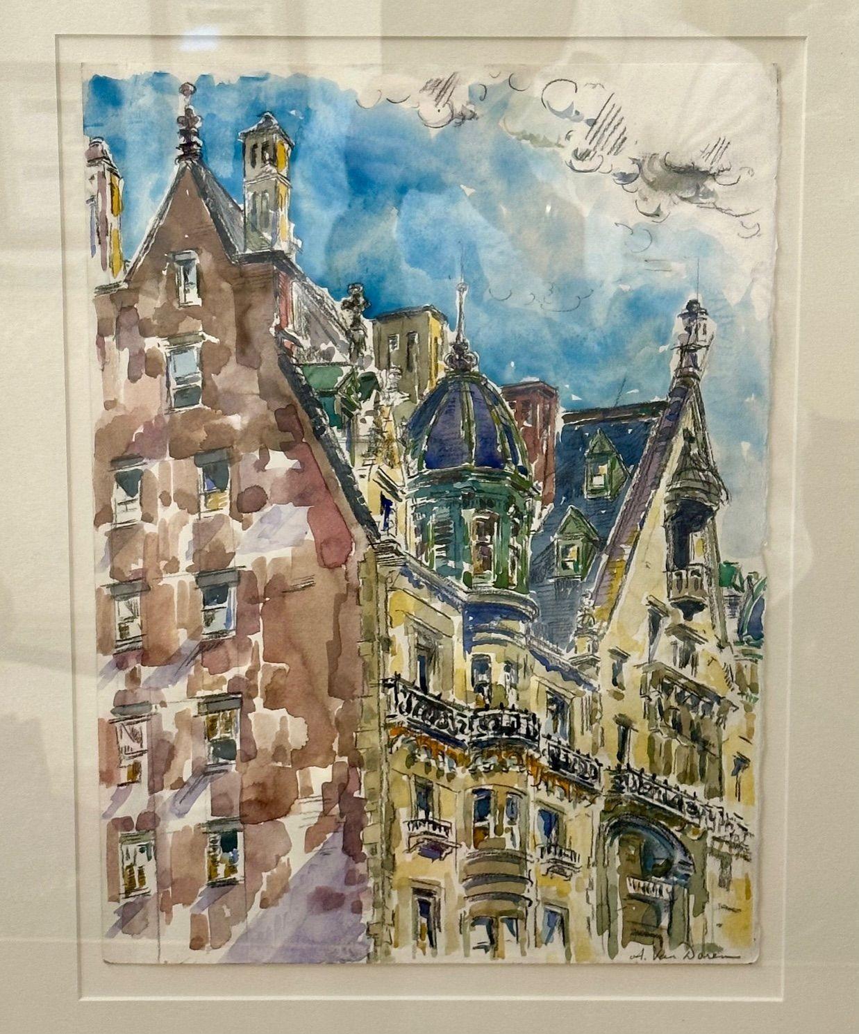 Pittura Acquerello modernista firmato da Adam Van Doren, Architettura, Città, incorniciato in vendita