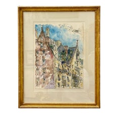 Modernist Watercolor Signed by Adam Van Doren, Architecture, City, Framed