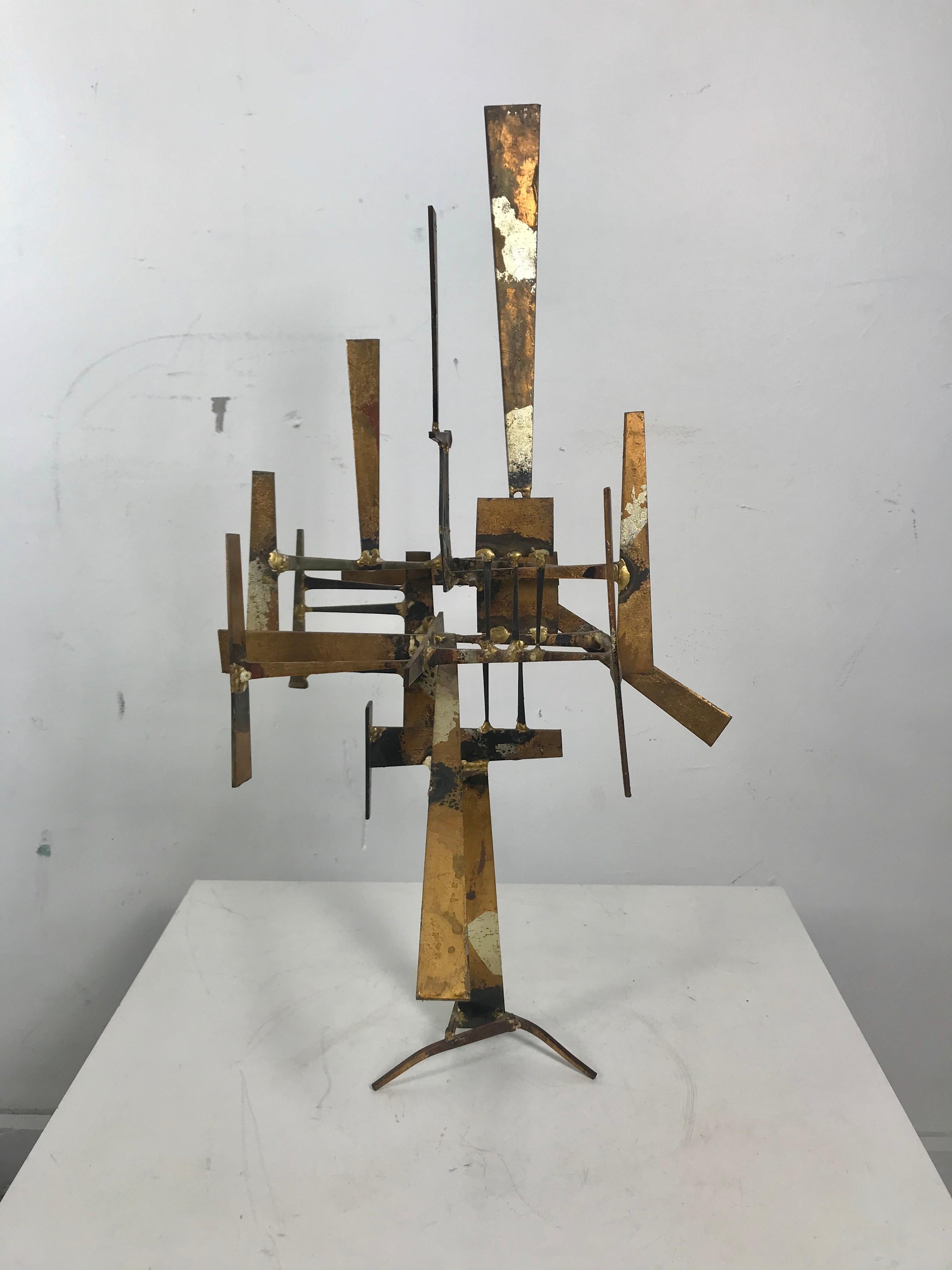 Original free standing, gilt and silver leafed sculpture by the innovative New York artist William Bowie. Bowie's showroom was on the Upper East Side of Manhattan and he was an early, important Pioneer (along side Harry Bertoia) in the use of welded