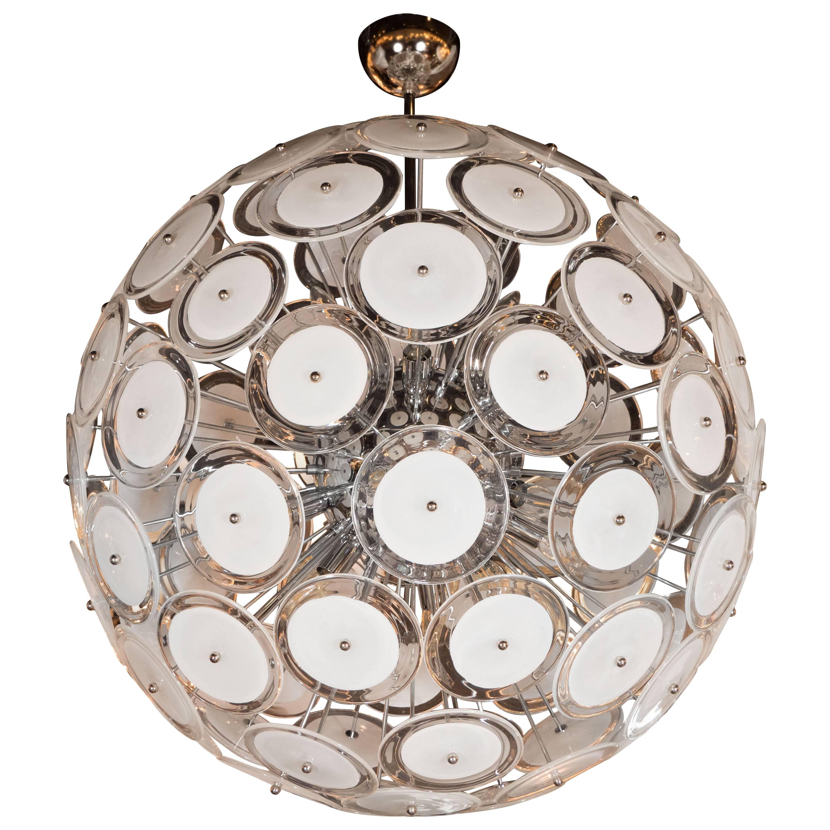 Modernist White and Clear Disc Murano Chandelier with Polished Nickel Frame For Sale