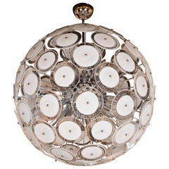Modernist White and Clear Disc Murano Chandelier with Polished Nickel Frame