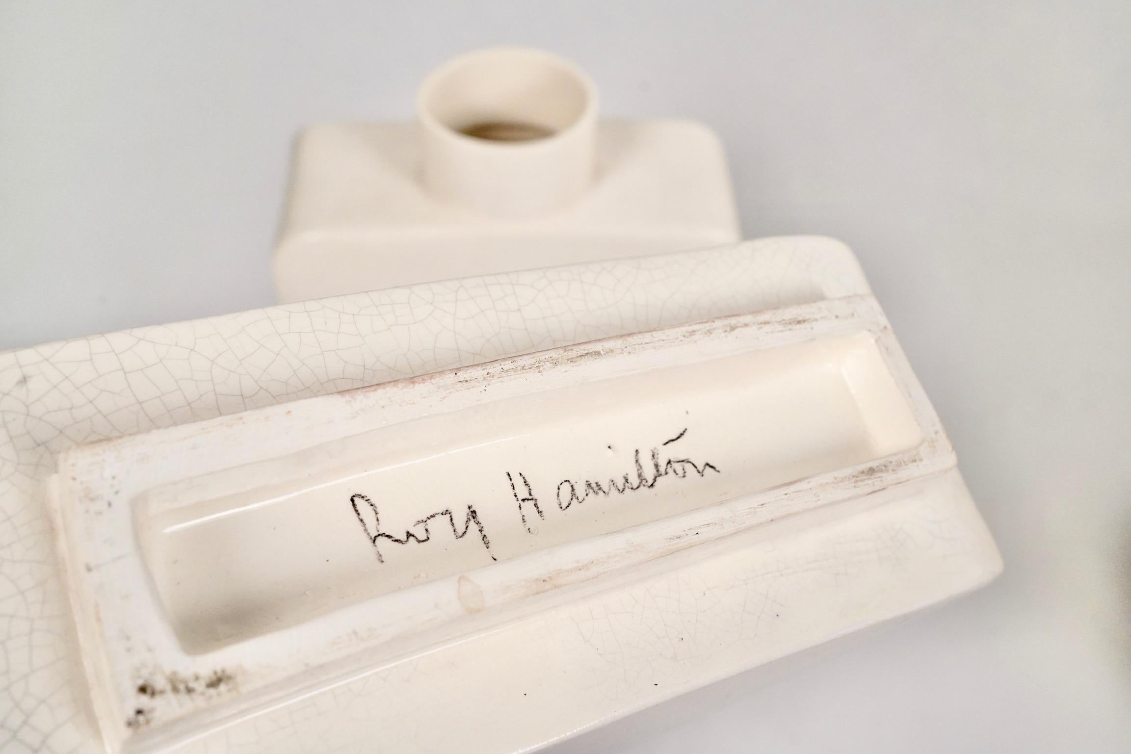 Glazed Modernist White Ceramic Crackle Glaze Vases, a Pair by Roy Hamilton