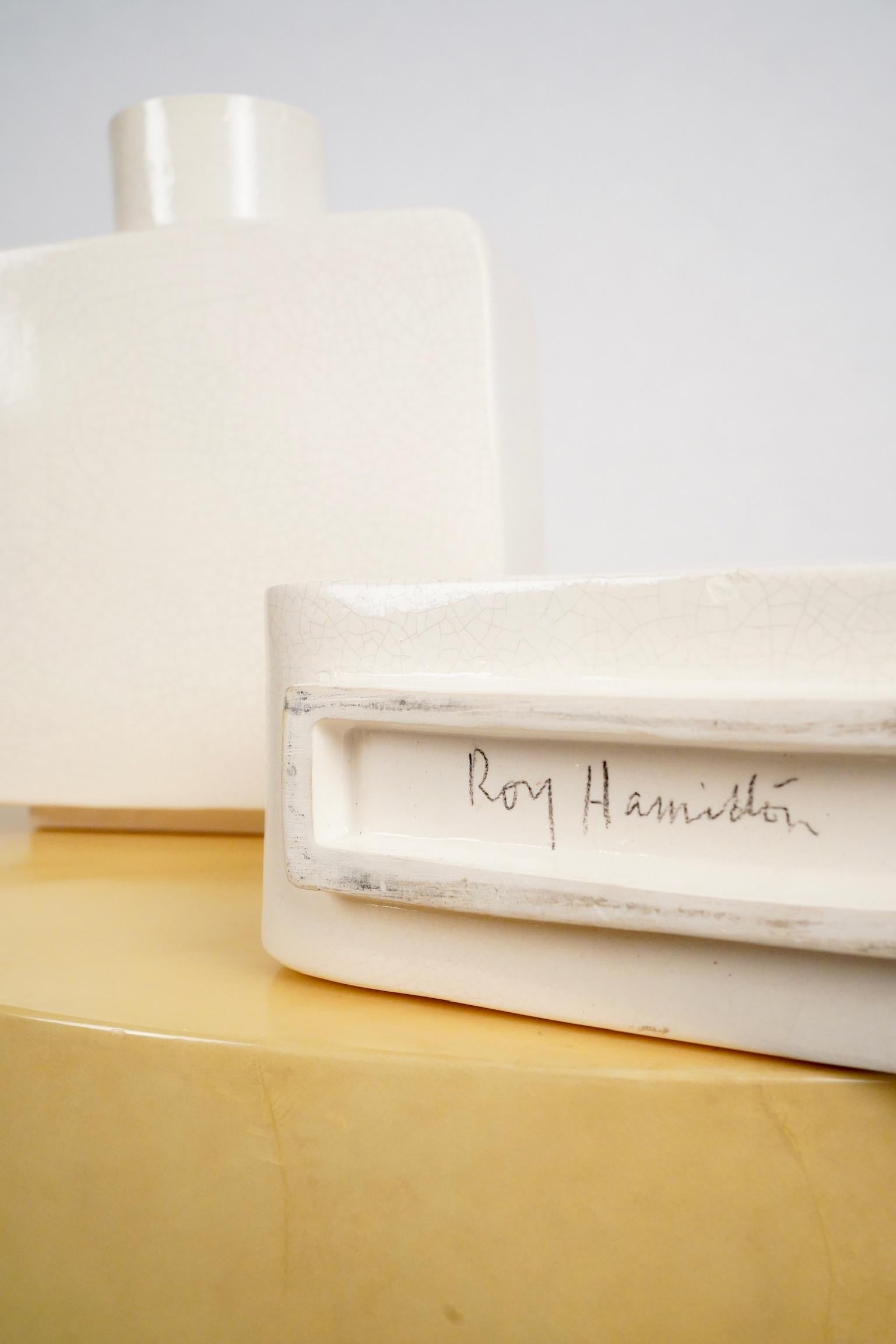 Modernist White Ceramic Crackle Glaze Vases, a Pair by Roy Hamilton In Good Condition In Portland, OR