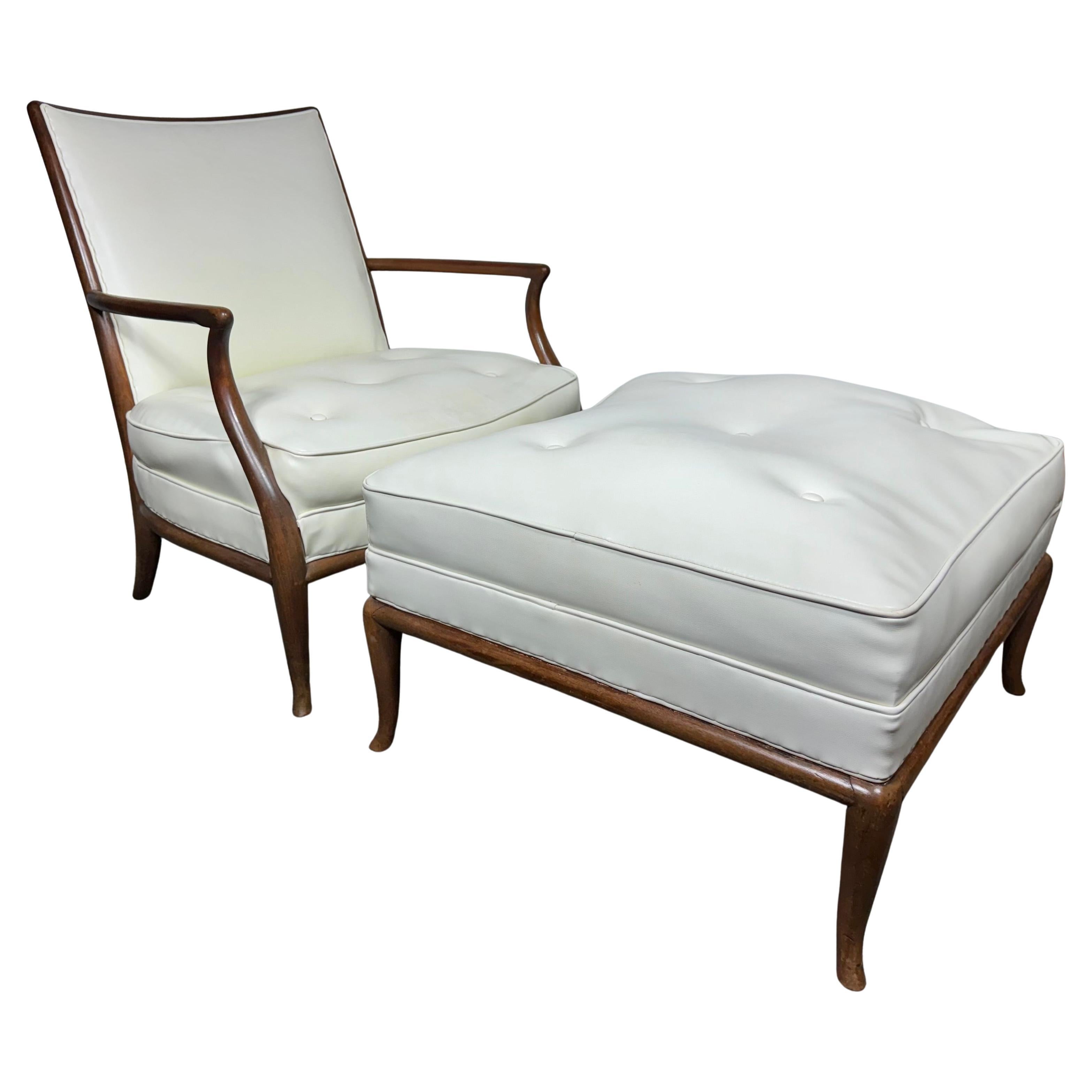 Modernistischer Loungesessel und Ottomane aus weißem Leder von T.H.Robsjohn- Gibbings