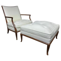 Fauteuil de salon et pouf moderniste en cuir blanc de T.H.Robsjohn- Gibbings