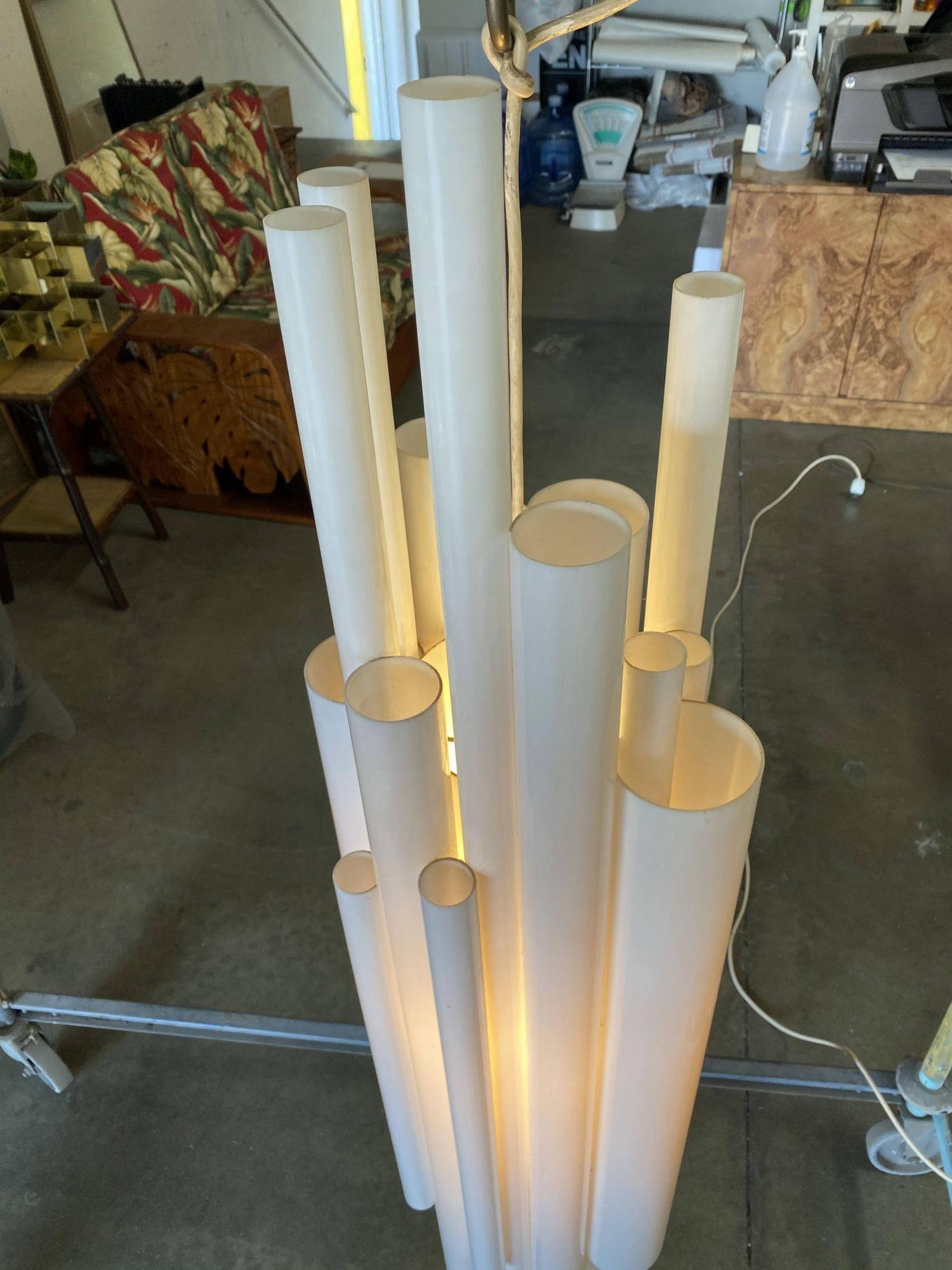 Modernist White Lucite Stacked Tube Chandelier by Rougier, Circa 1970s In Distressed Condition For Sale In Van Nuys, CA