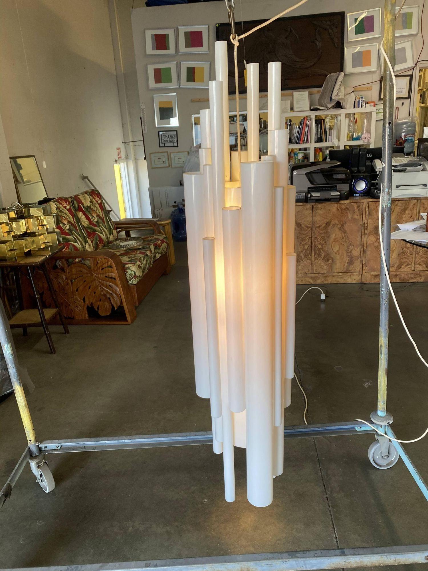 Modernist White Lucite Stacked Tube Chandelier by Rougier, Circa 1970s For Sale 1