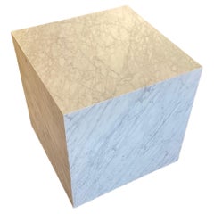 Modernist White Marble Pedestal End Cocktail Table Cube on Invisible Casters