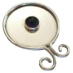 Modernist White Metal and Round Cabochon Amethyst Brooch, Unsigned, circa 1980s