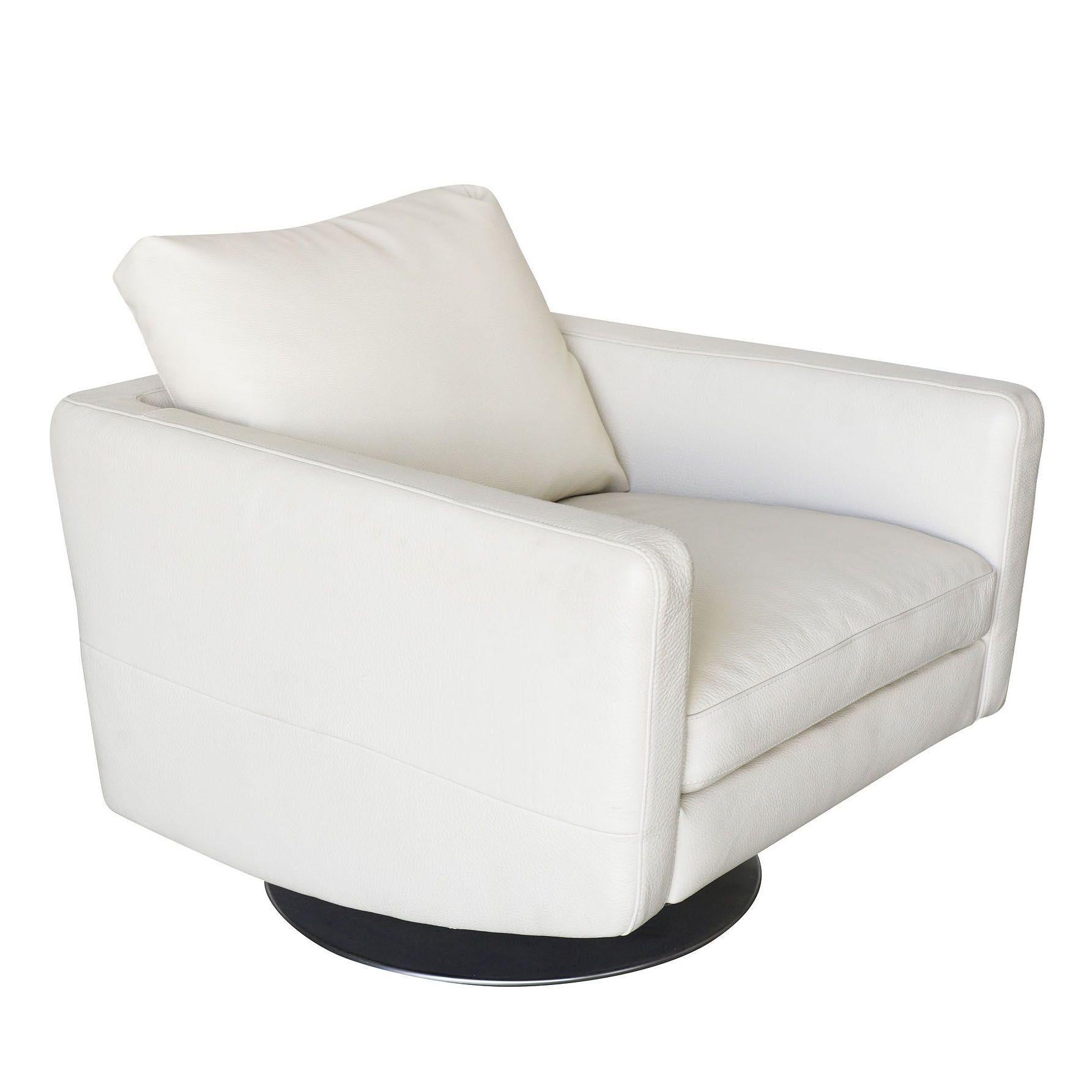 Modernist white swivel lounge chair with brush steel base and heavy vinyl covers by Permaguard.

Avalible: Two.