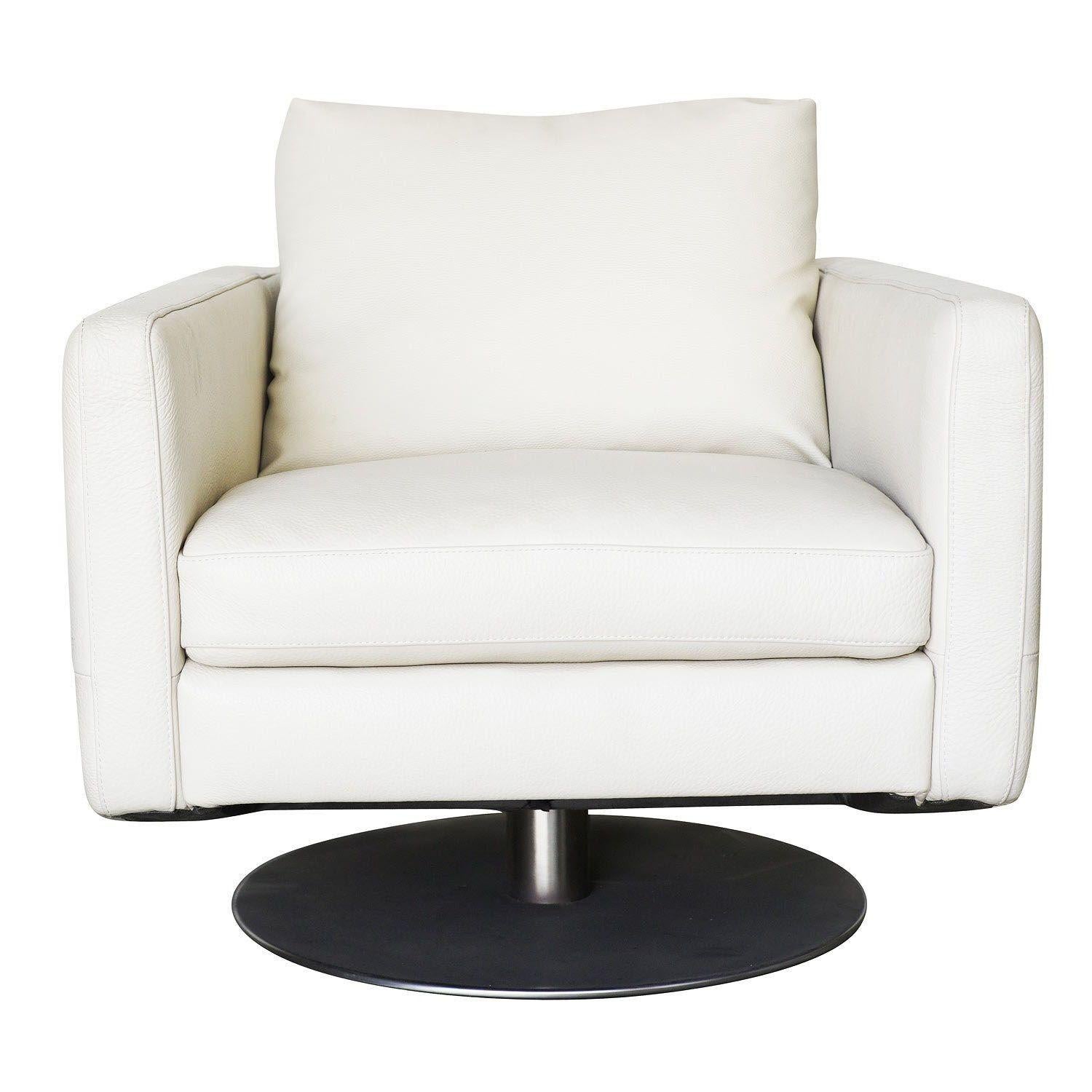 American Modernist White Swivel Lounge Chair with Brush Steel Base For Sale