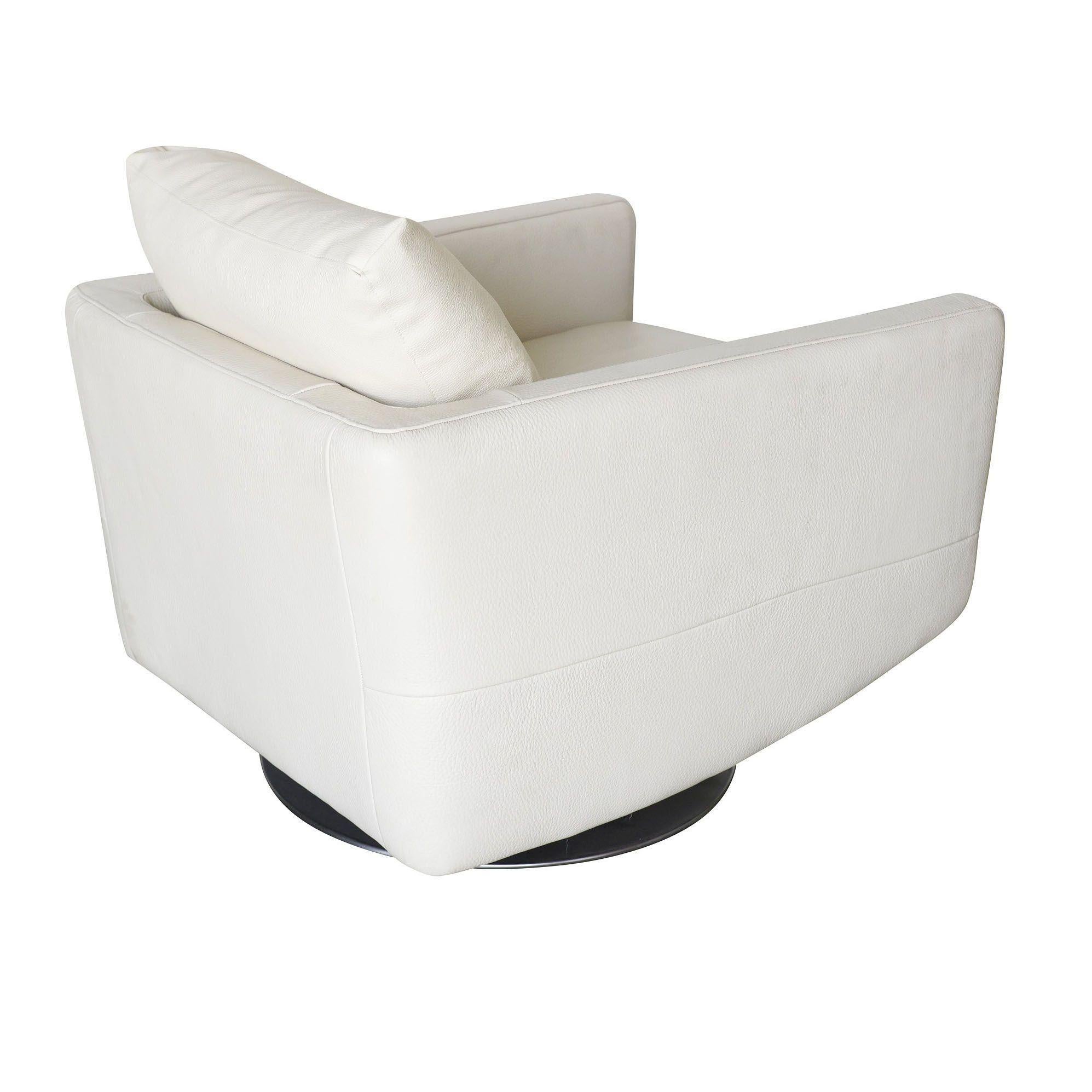 Contemporary Modernist White Swivel Lounge Chair with Brush Steel Base For Sale