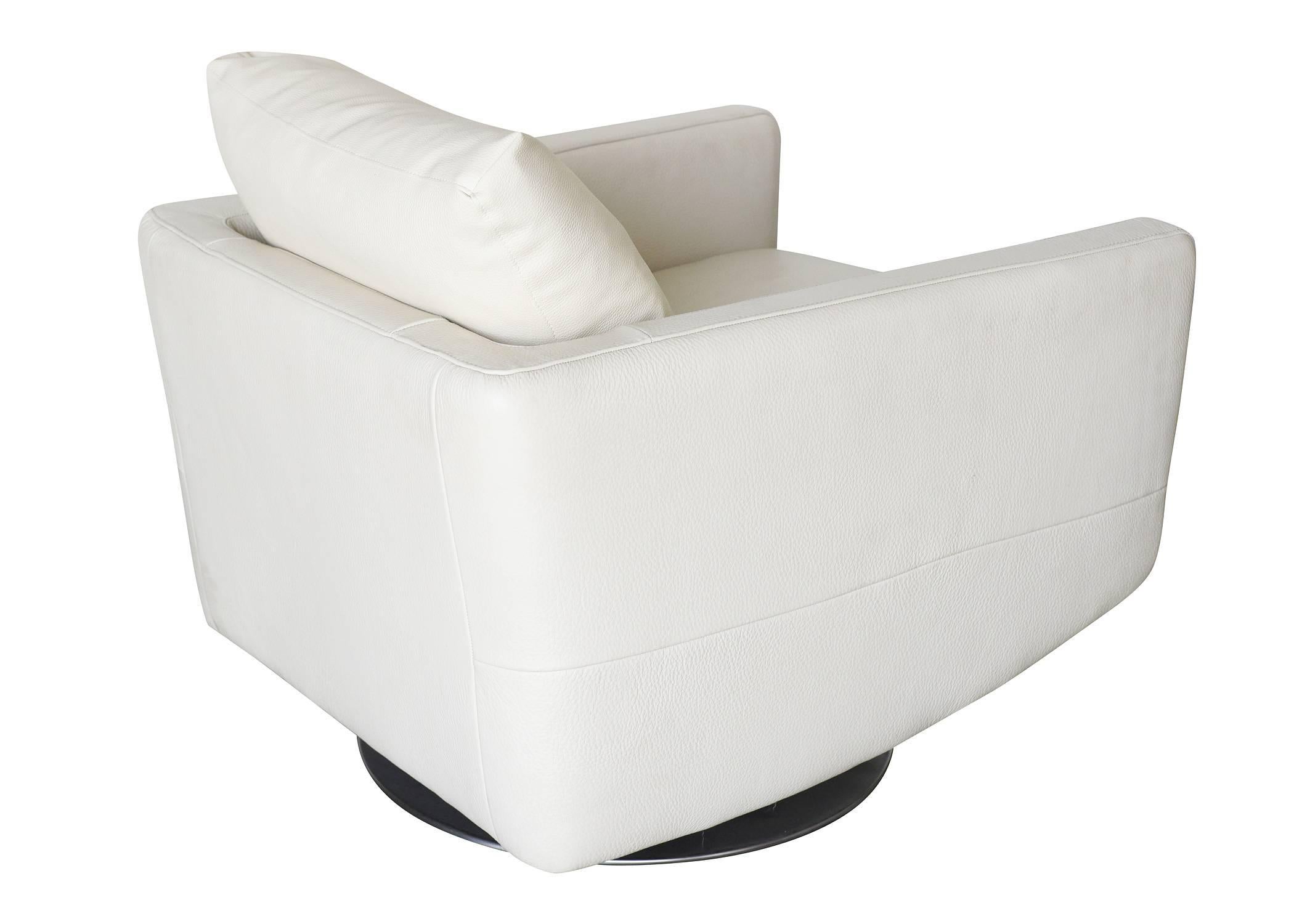 Modernist White Swivel Lounge Chair with Brush Steel Base For Sale at