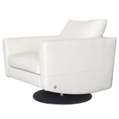 Modernist White Swivel Lounge Chair with Brush Steel Base