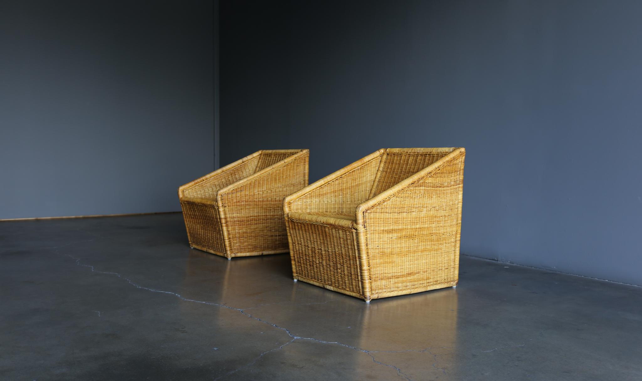 American Modernist Wicker Rattan Lounge Chairs, circa 1965
