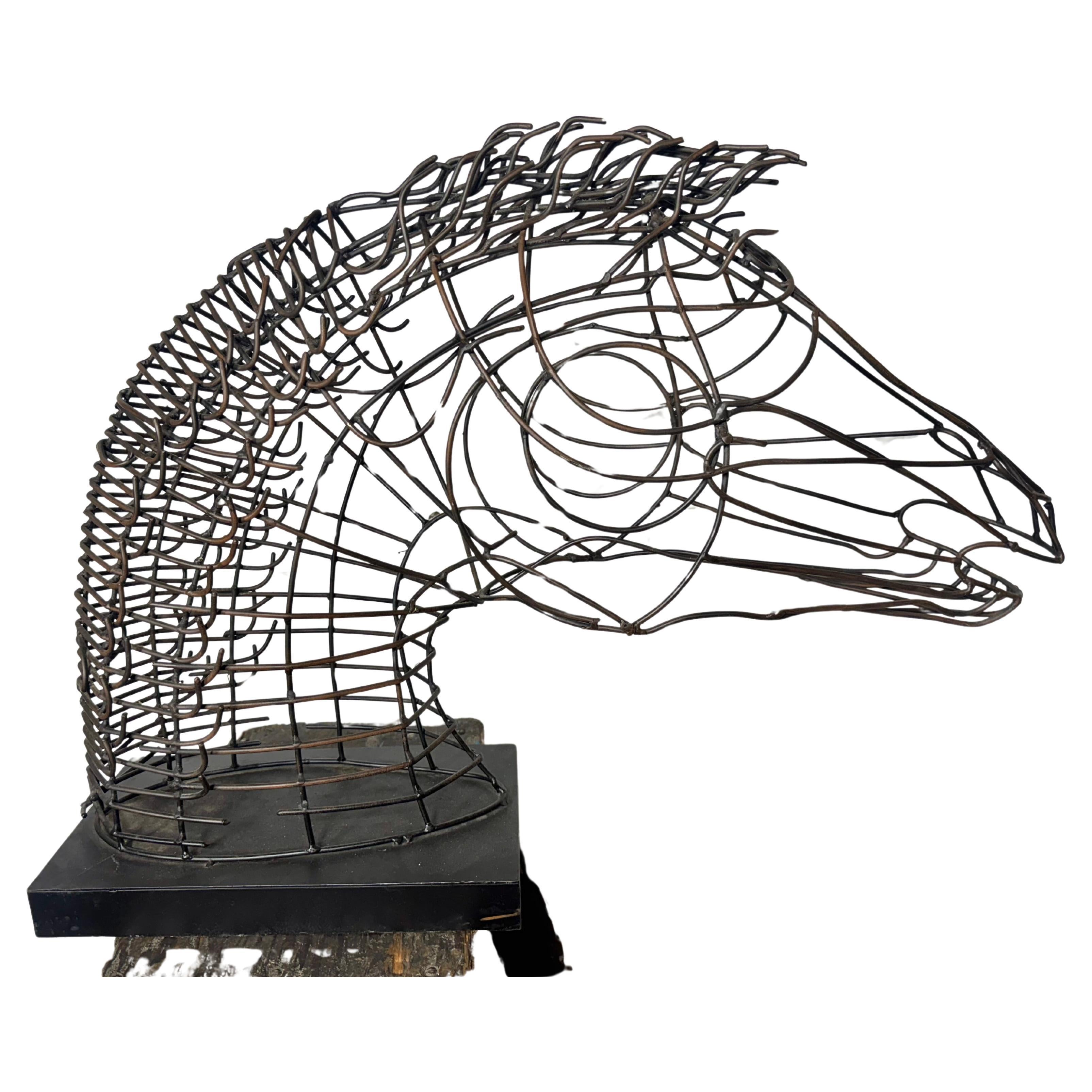Modernist Wire Iron Table Top Horse Sculpture Mounted on a Wood Base