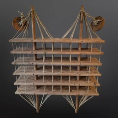 Modernist wood and rope hanging wine rack, Netherlands 1970s