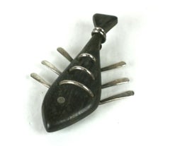 Modernist Wood and Sterling Atomic Fish Brooch